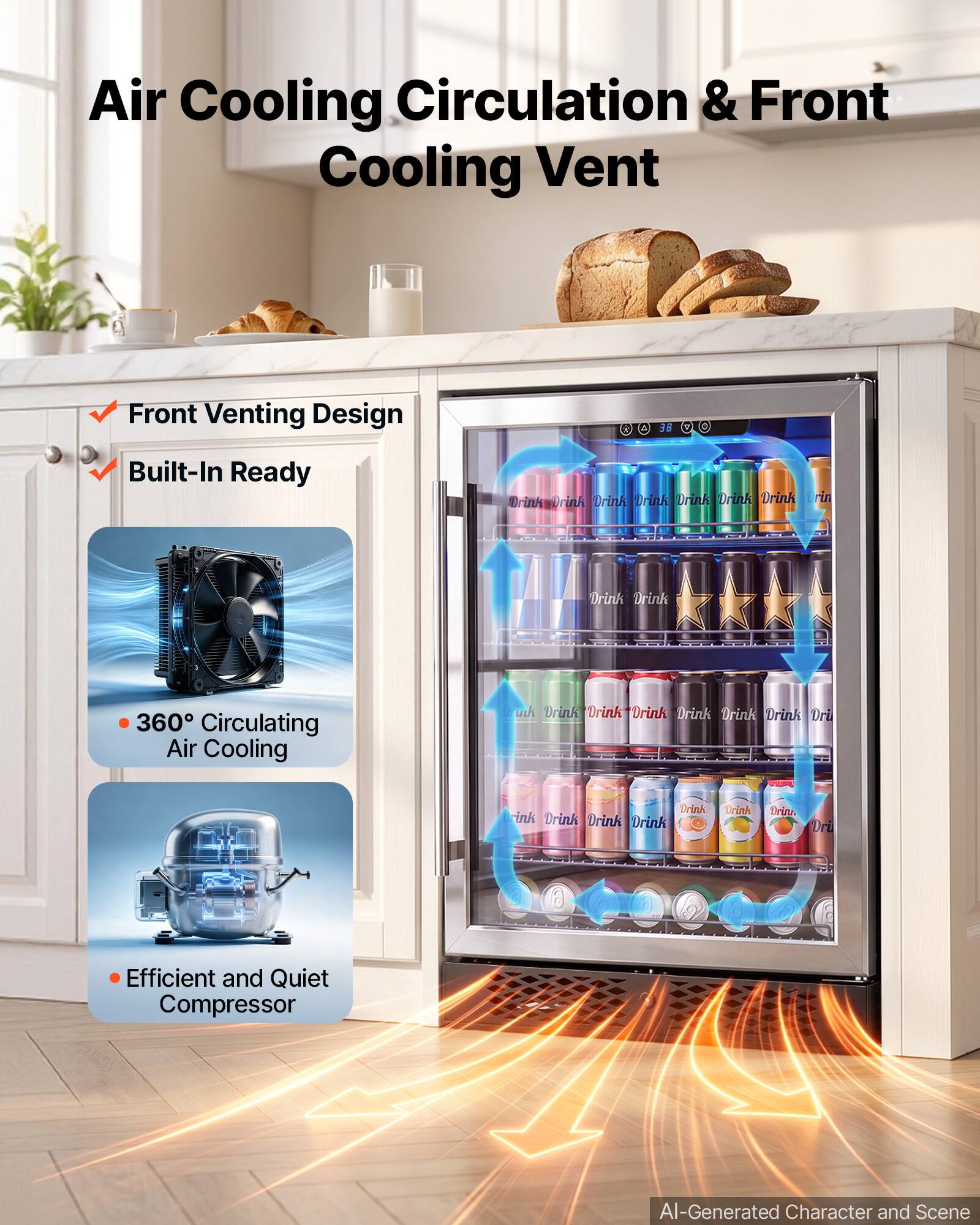 Air Cooling Circulation & Front Cooling Vent

Front Venting Design
Built-In Ready

360° Circulating Air Cooling

Efficient and Quiet Compressor

AI-Generated Character and Scene