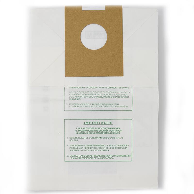 1. Débrancher le cordon avant de changer les sacs.
2. Ne pas reutiliser ni remplir excessivement le sac à poussière, car une perte de pouvoir d'aspiration et/ou une rupture du sac peuvent survenir.
3. Le remplacement fréquent des sacs peut conserver l'efficacité de pointe de l'aspirateur.

IMPORTANT
Pour protéger le moteur et maintenir le maximum de pouvoir d'aspiration, veuillez suivre les instructions suivantes :
1. Désenclencher le cordon avant de changer les sacs.
2. Ne pas reutiliser ou remplir de manière excessive la sac à poussière, car une perte de pouvoir d'aspiration peut survenir ou la sac peut se rompre.
3. Changer les sacs fréquemment pour maintenir la maximum efficacité de l'aspirateur.