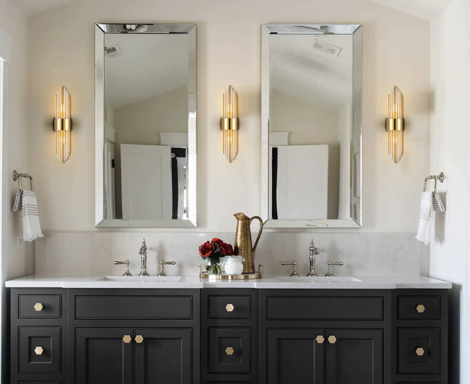 Left. MOOSE - Modern Gold Metal Wall Sconce with Beautiful Crystal Clear Glass Rods for Bathroom Set of 2 - Gold.