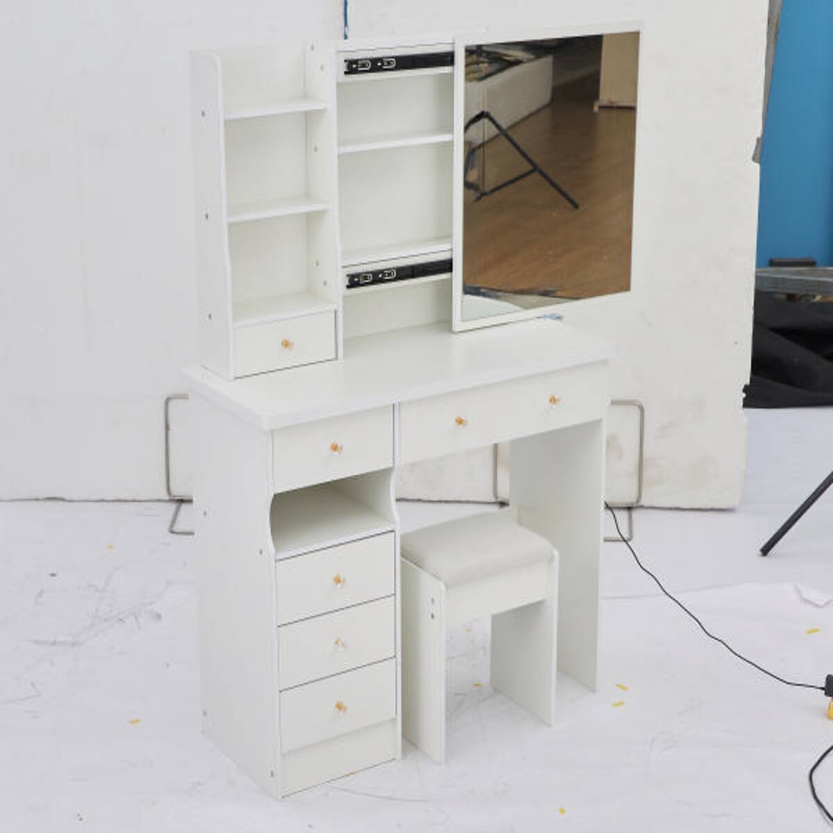 Alt View 3. Loheer - Loheer 37 inch makeup vanity table with sliding mirror and cushioned stool - White.