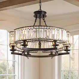 Siljoy - 23.6" Farmhouse 6-Light Round Crystal Chandelier Adjustable Chain for Dining Room Kitchen Island Foyer - Black