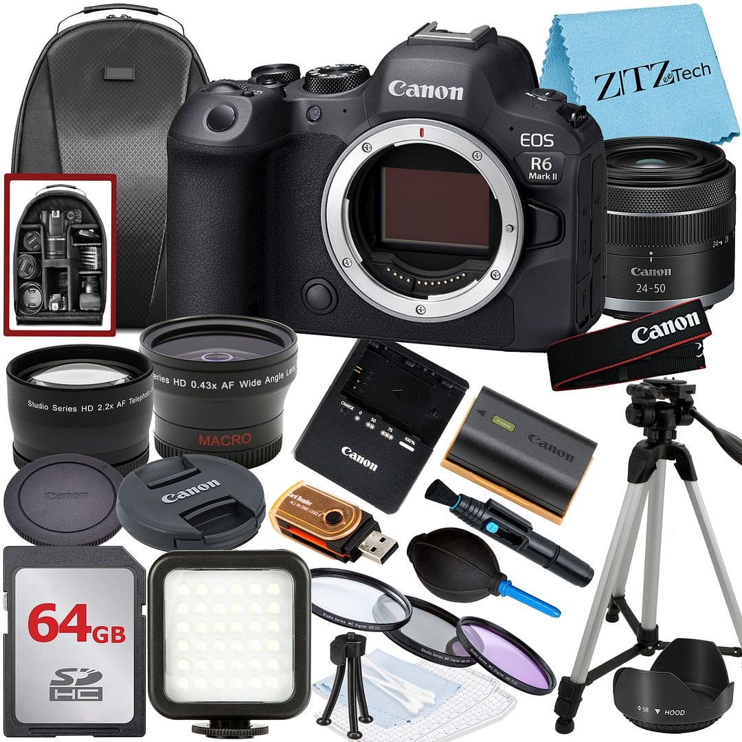Canon - EOS R6 Mark II Mirrorless Camera with 24-50 Lens + 64GB Card + Flash + ZeeTech Bundle (International Version) - Black