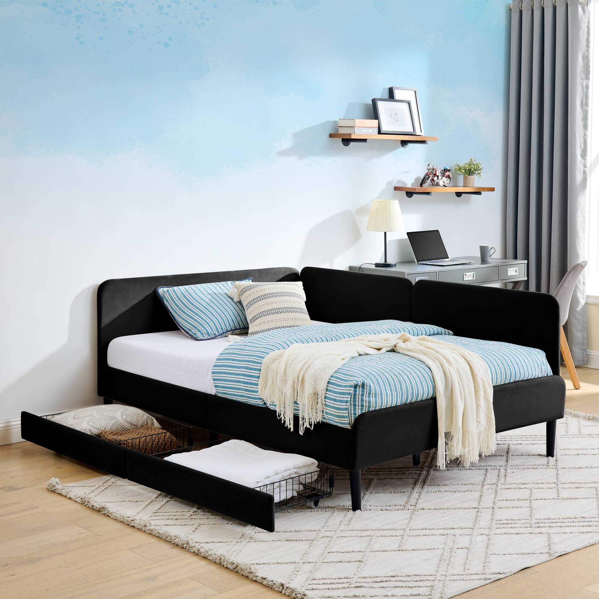 Alt View 1. Ecooso - Full Size Upholstered Platform Bed Frame with 2 Storage Drawers, Adjustable Velvet Sofa Bed - Black.