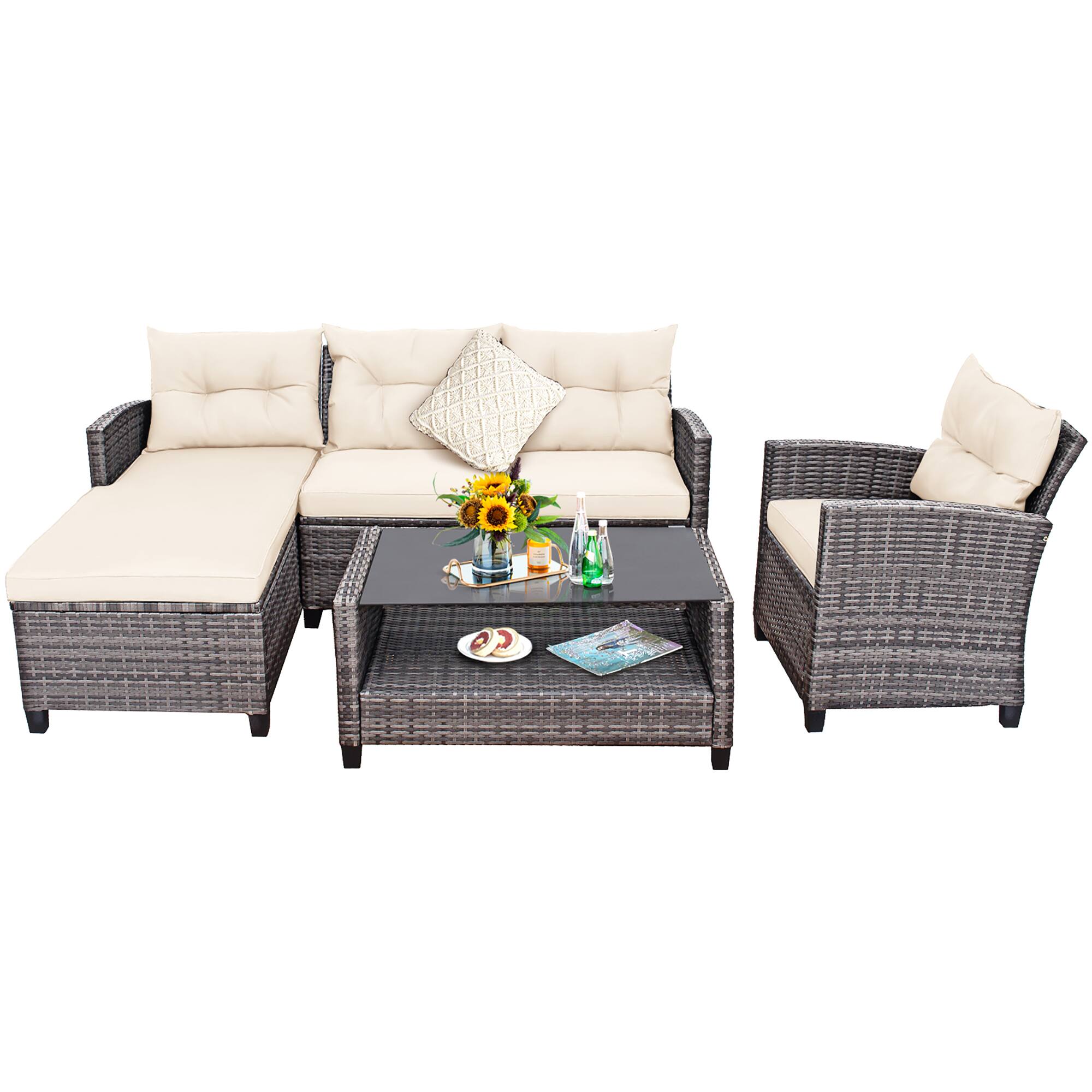 Gymax - 4PCS Rattan Patio Conversation Furniture Set Outdoor Sectional Sofa Set - White