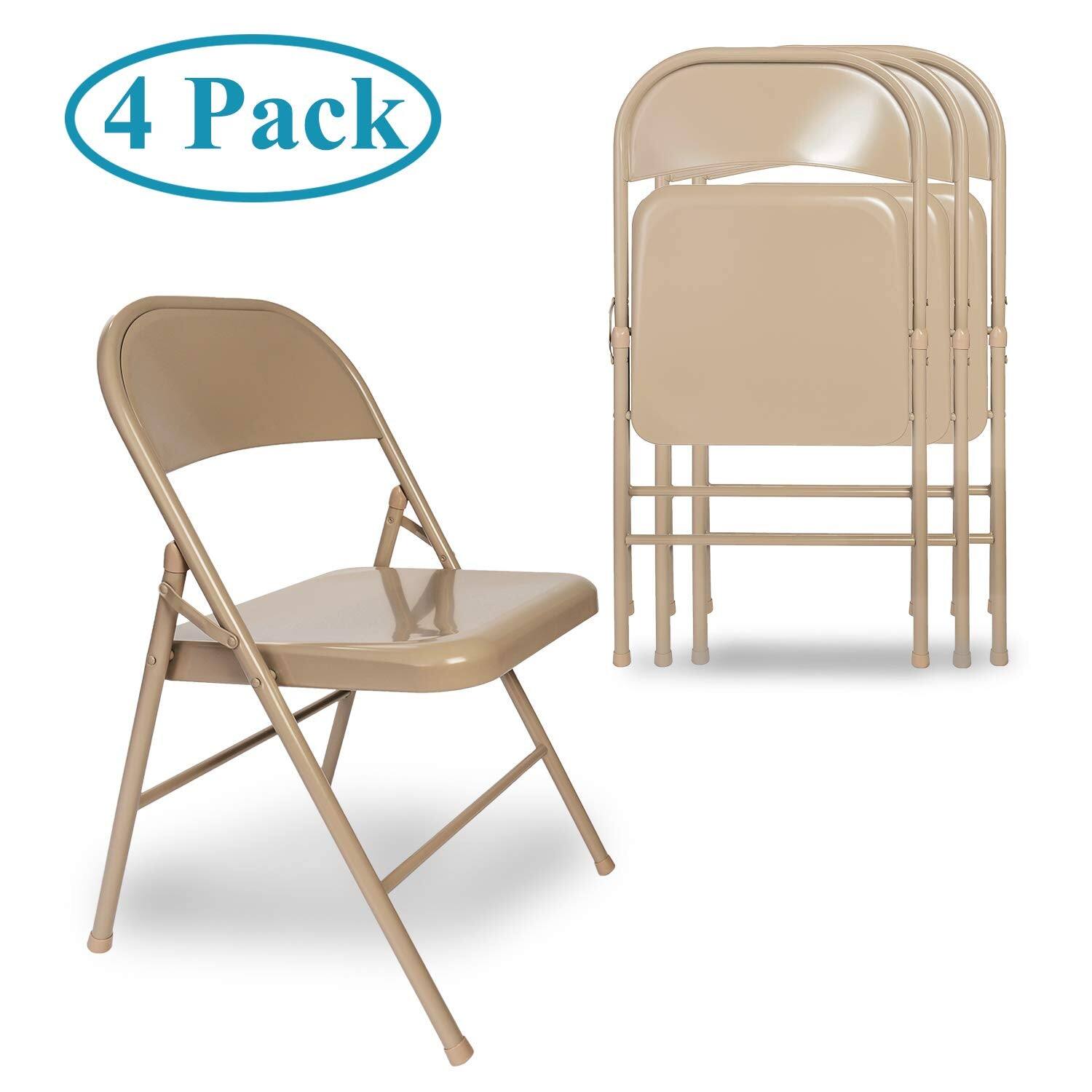 Vecelo - Metal Folding Chairs 4-Pack - 355lb Capacity Lightweight Stackable Metal Chairs for Indoor & Outdoor Events - Beige