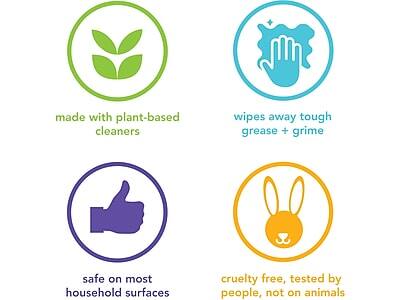 - Made with plant-based cleaners
- Wipes away tough grease + grime
- Safe on most household surfaces
- Cruelty free, tested by people, not on animals