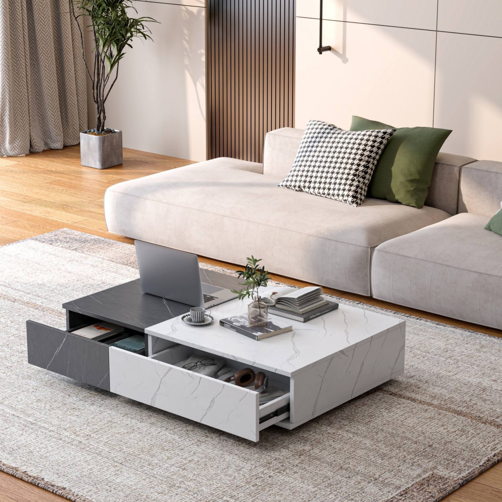 Alt View 1. Ecooso - Modern Coffee Table with Storage Shelves, Sturdy MDF Frame with Marble Finish and Two Tone Patchwork Design - White+Black.