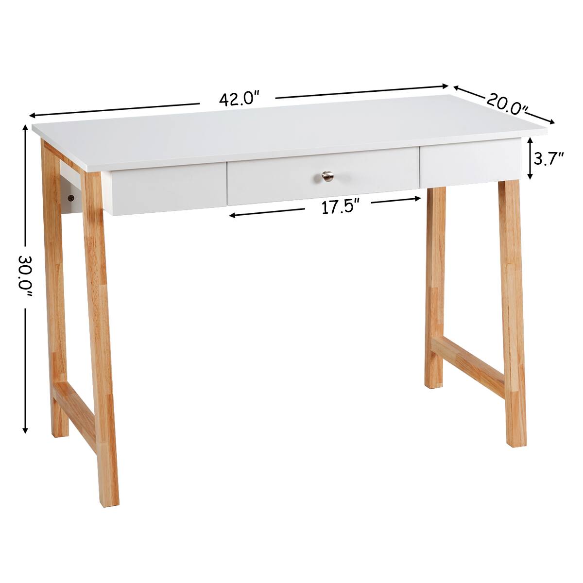 The text on the image reads: "42.0" 20.0' 3.7" 17.5" 30.0". This indicates the dimensions of the desk, which is 42 inches in length, 20 feet in height, 3.7 inches in width, and 17.5 inches in depth.