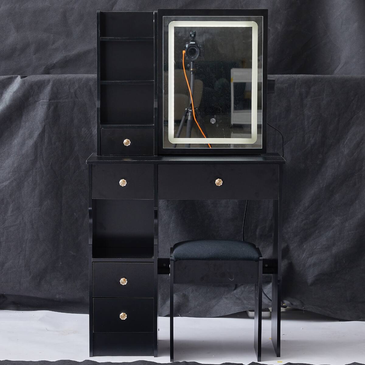 Back. Loheer - Loheer Small Desktop Vanity Table with LED Mirror and Cushioned Stool, Black MDF, 29.2 Inch - Black.