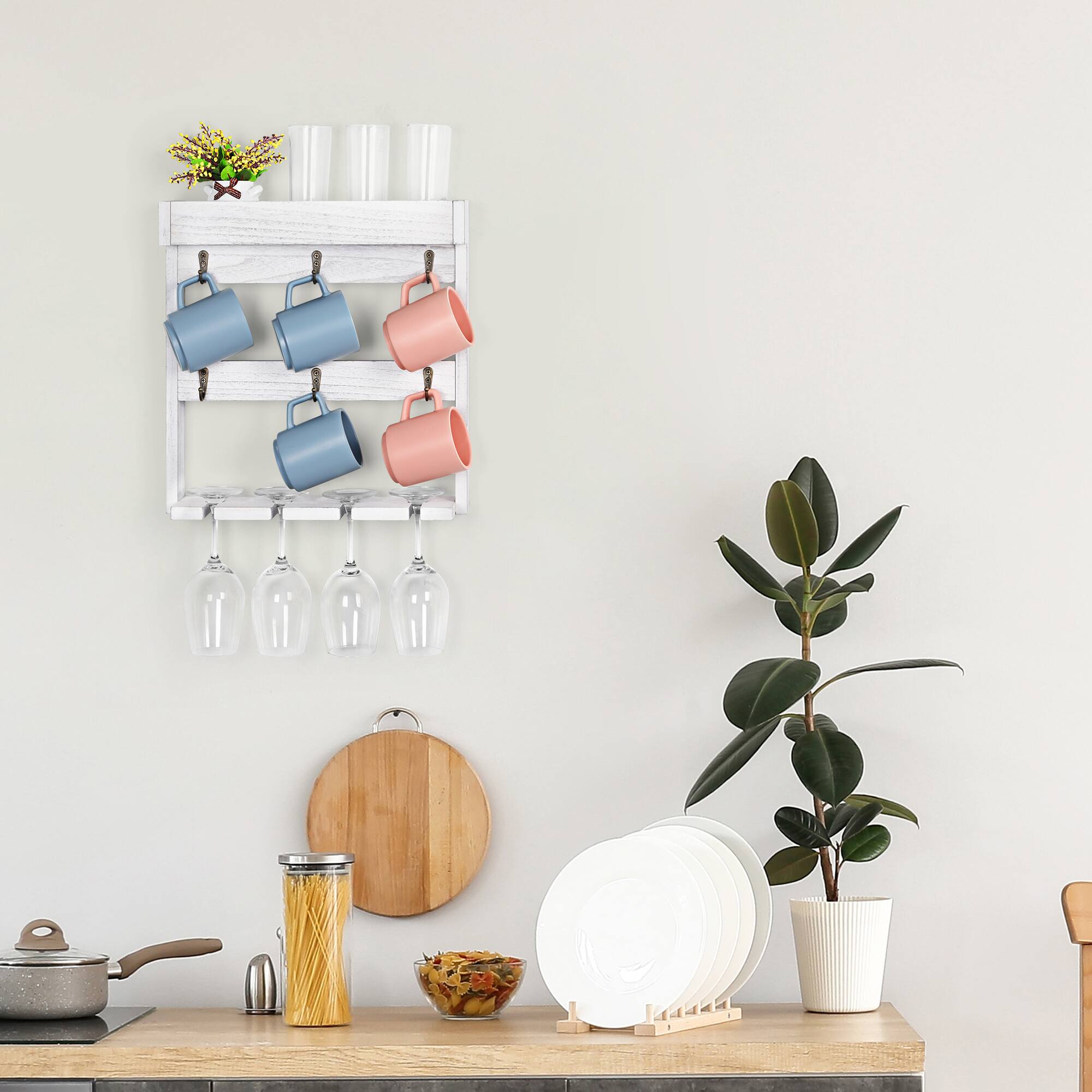 Back. Oumilen - White Distressed Wood Wall Mug Rack with Wine Glass Holder – Coffee Cup Organizer for Kitchen - White.