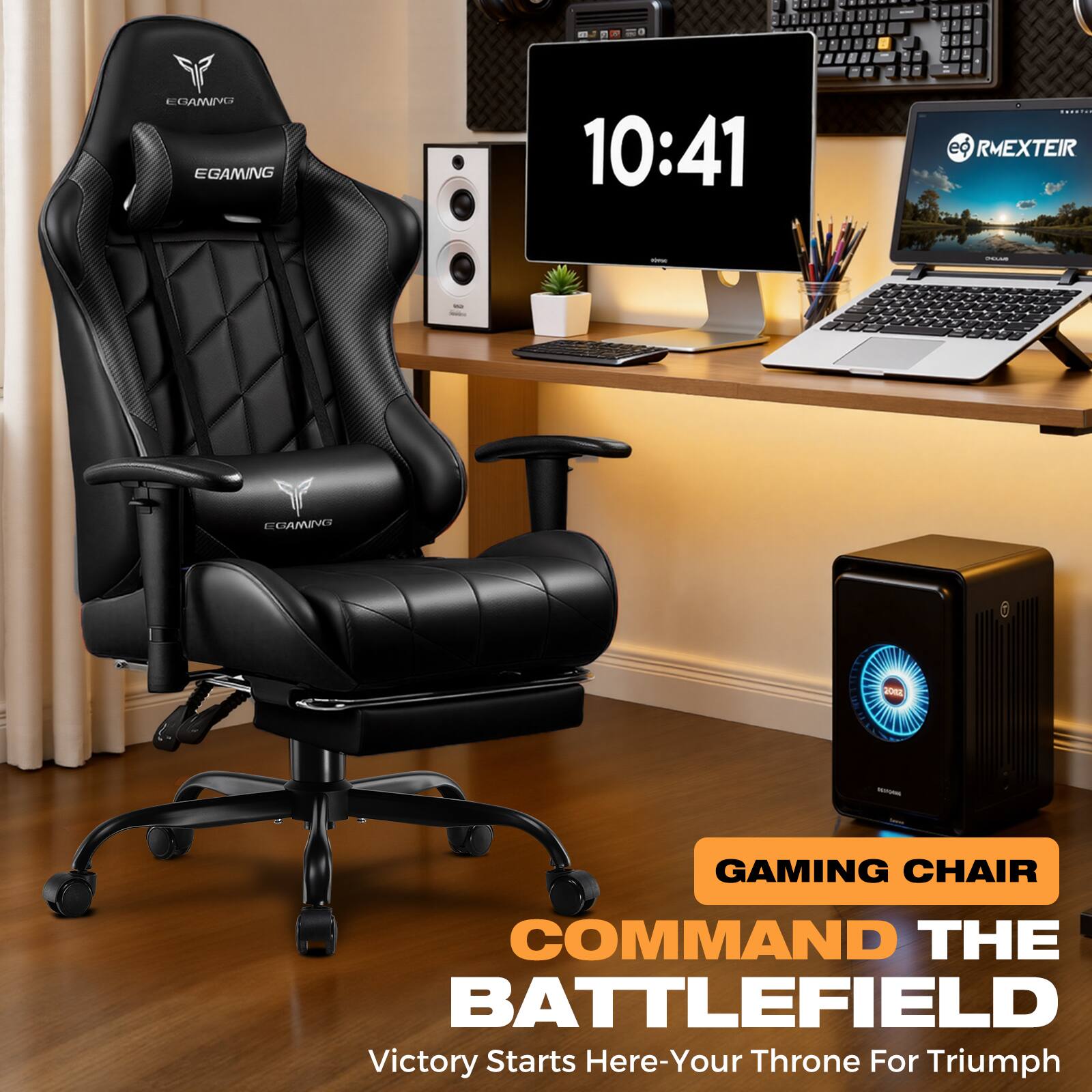 EGAMING  
EGAMING  
EGAMING  

10:41  
eo RMEXTEIR  

GAMING CHAIR  
COMMAND THE BATTLEFIELD  
Victory Starts Here - Your Throne For Triumph