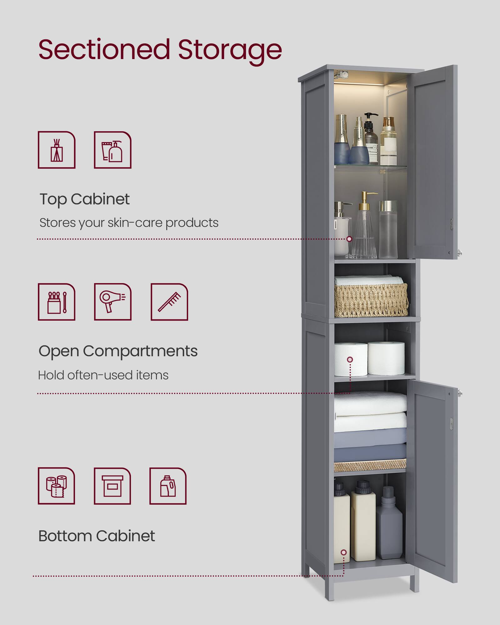 Sectioned Storage

Top Cabinet
Stores your skin-care products

Open Compartments
Hold often-used items

Bottom Cabinet