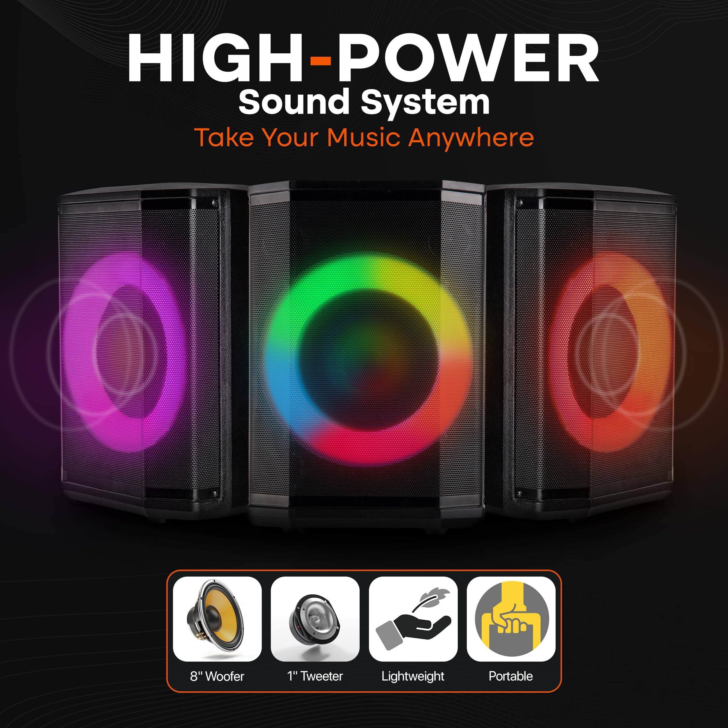 HIGH-POWER  
Sound System  
Take Your Music Anywhere  

8" Woofer  
1" Tweeter  
Lightweight  
Portable