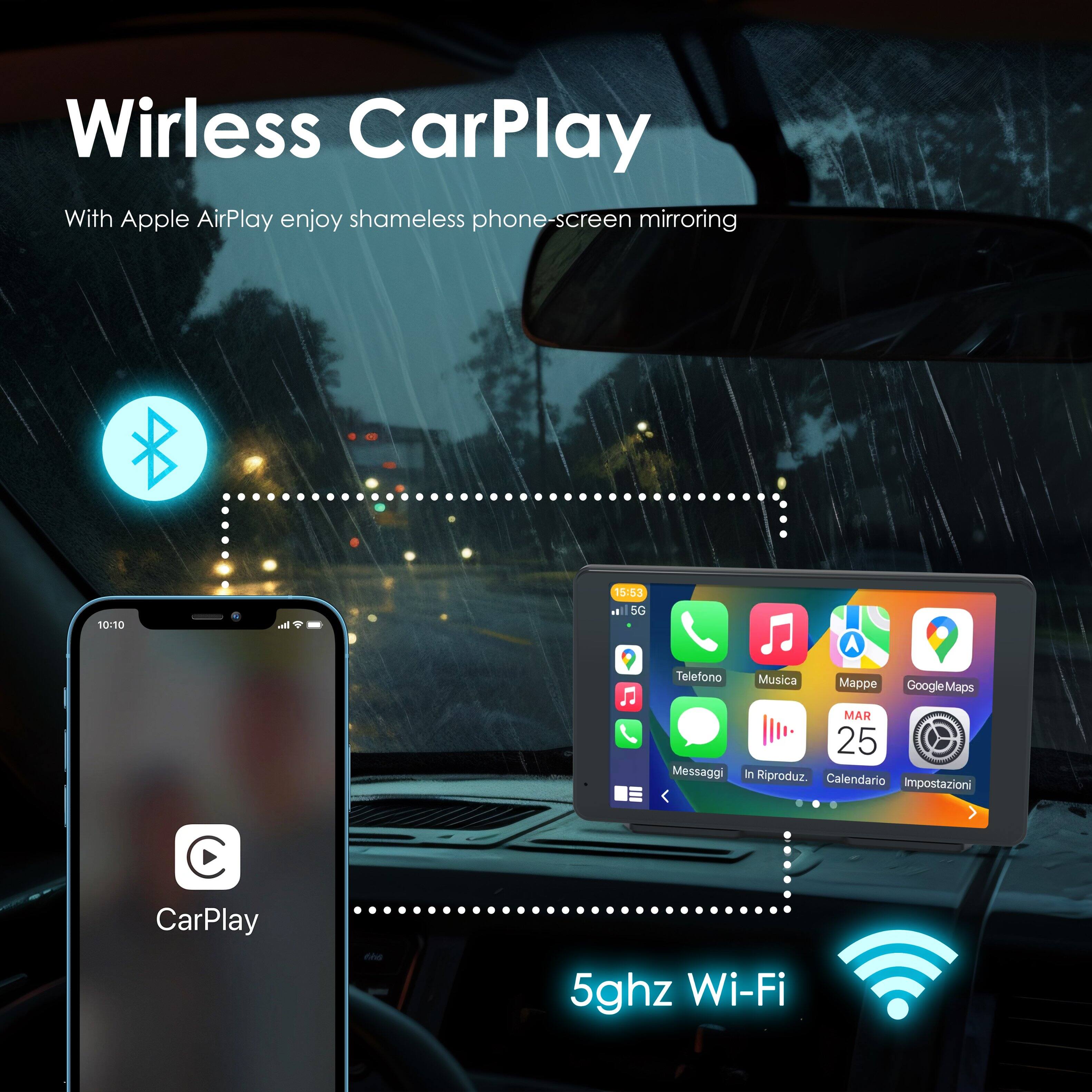 Wireless CarPlay, With Apple AirPlay, enjoy shameless phone-screen mirroring, 10:10, 15:53, SG, Telefono, Messaggi, Musica, Mappe, GoogleMaps, Maps, MAR 25, in Riproduz., Calendario, impostazioni, CarPlay, 5ghz Wi-Fi.