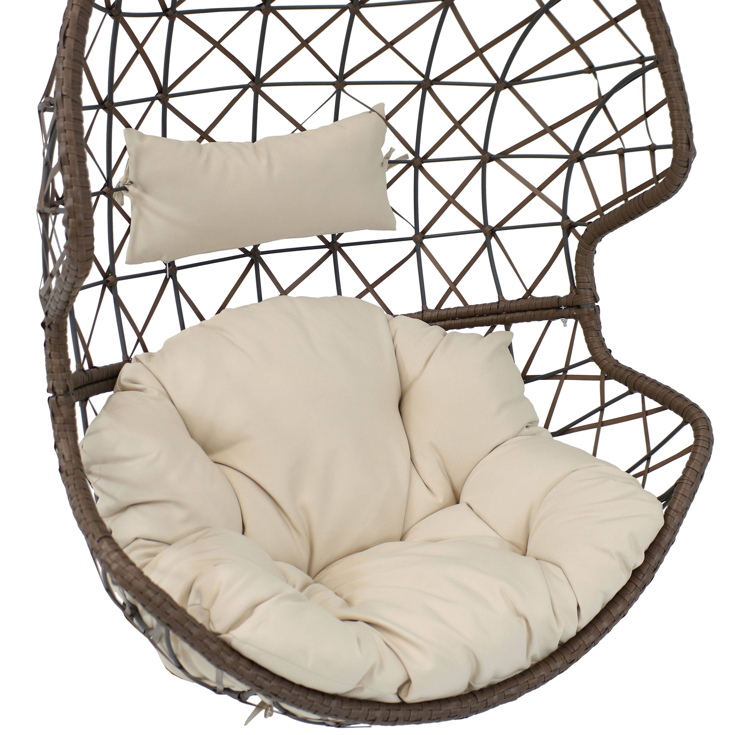 Alt View 5. Sunnydaze - Brown Resin Wicker Basket Hanging Egg Chair with Cushions - Beige Cushions.