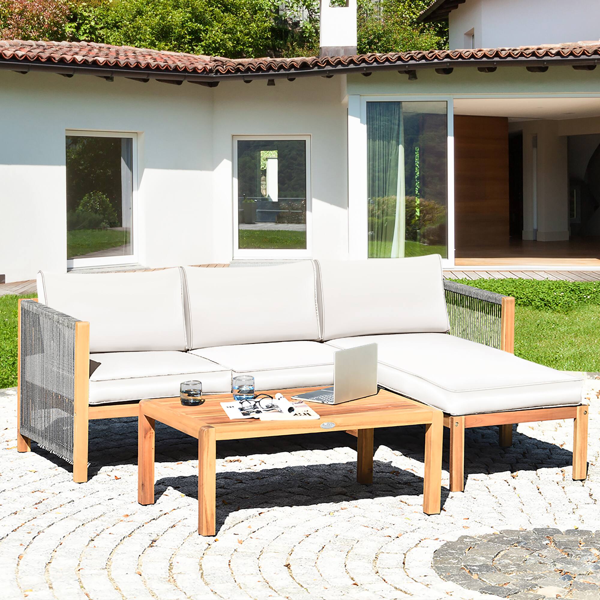 Alt View 1. Costway - Costway 3PCS Patio Acacia Wood Sofa Furniture Set Thick Cushion W/Nylon Rope Armrest - White.
