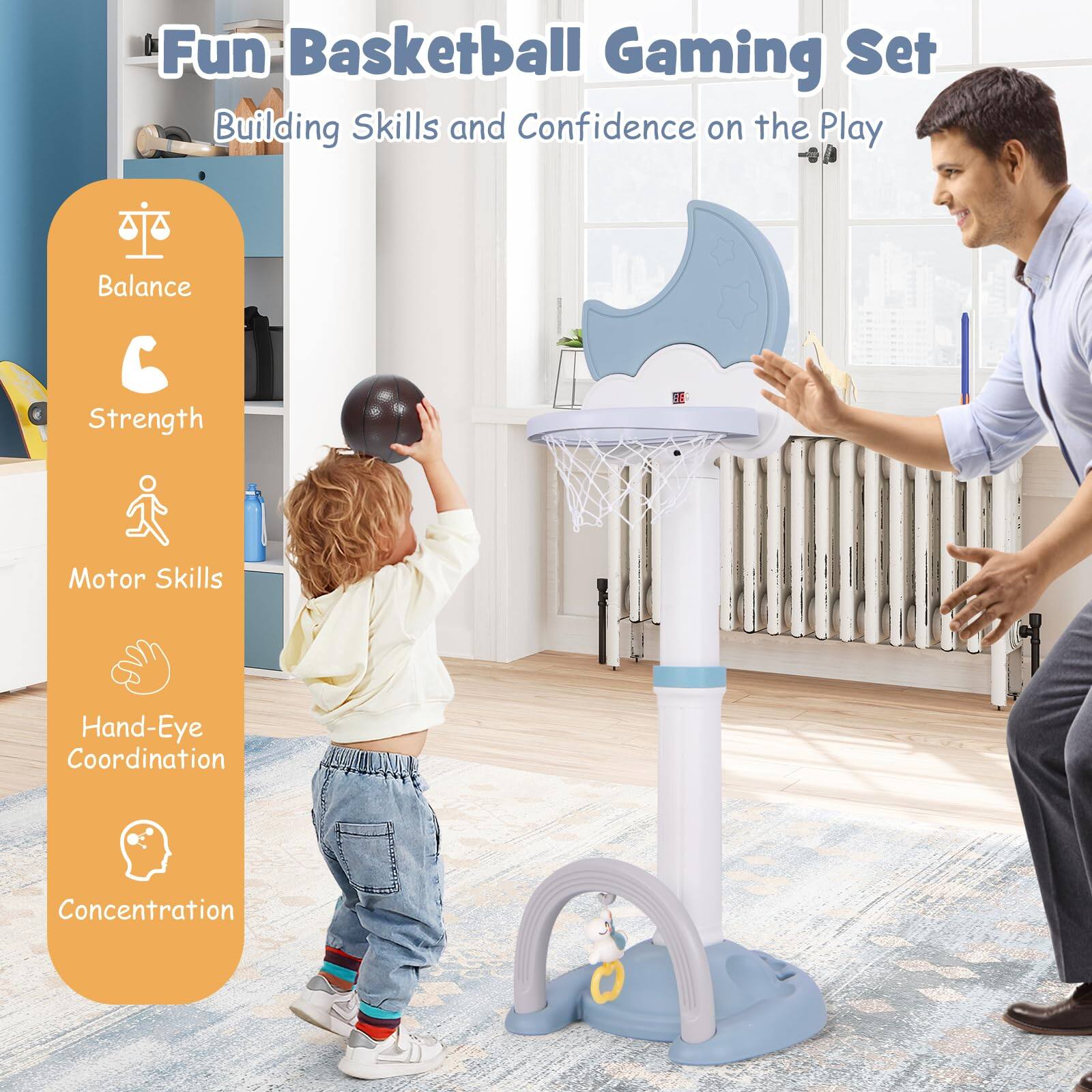 Fun Basketball Gaming Set  
Building Skills and Confidence on the Play  

- Balance  
- Strength  
- Motor Skills  
- Hand-Eye Coordination  
- Concentration