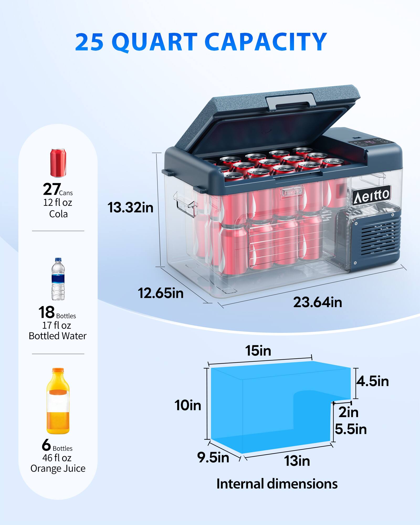 25 QUART CAPACITY

27 Cans 12 fl oz Cola

18 Bottles 17 fl oz Bottled Water

6 Bottles 46 fl oz Orange Juice

Internal dimensions

13.32in

12.65in

23.64in

15in

4.5in

2in

5.5in

9.5in

13in