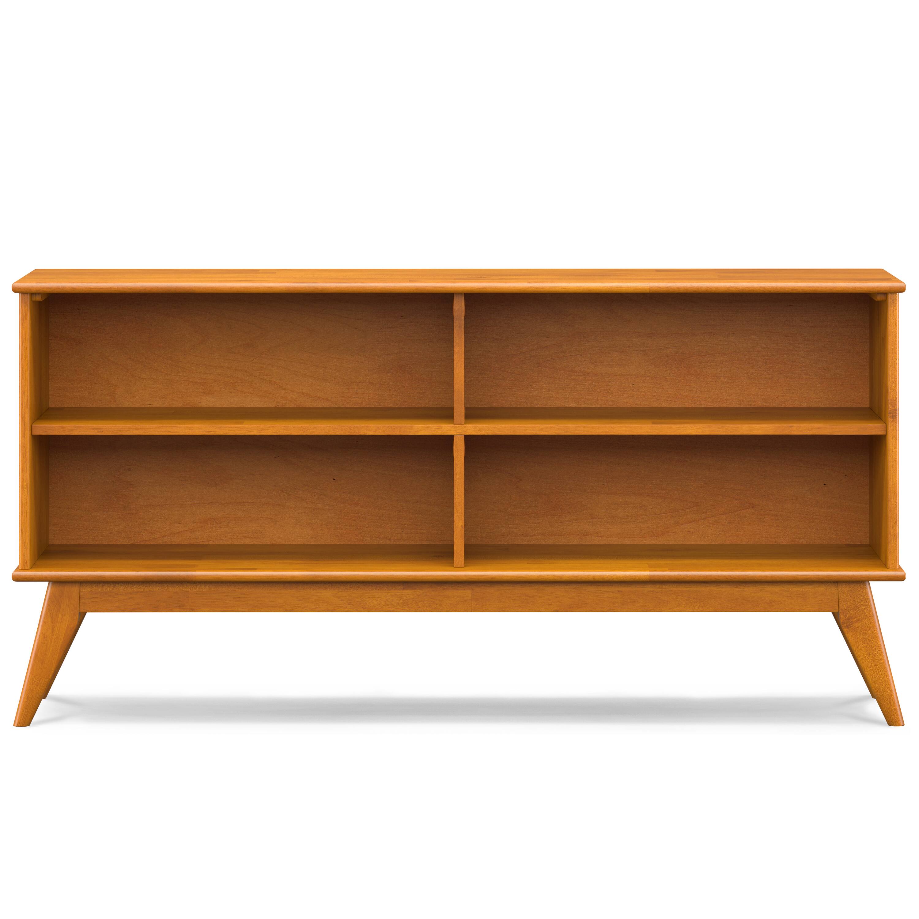 Left. Simpli Home - Draper SOLID HARDWOOD 30 inch x 64 inch Mid Century Modern Low Bookcase in Teak Brown - Teak Brown.