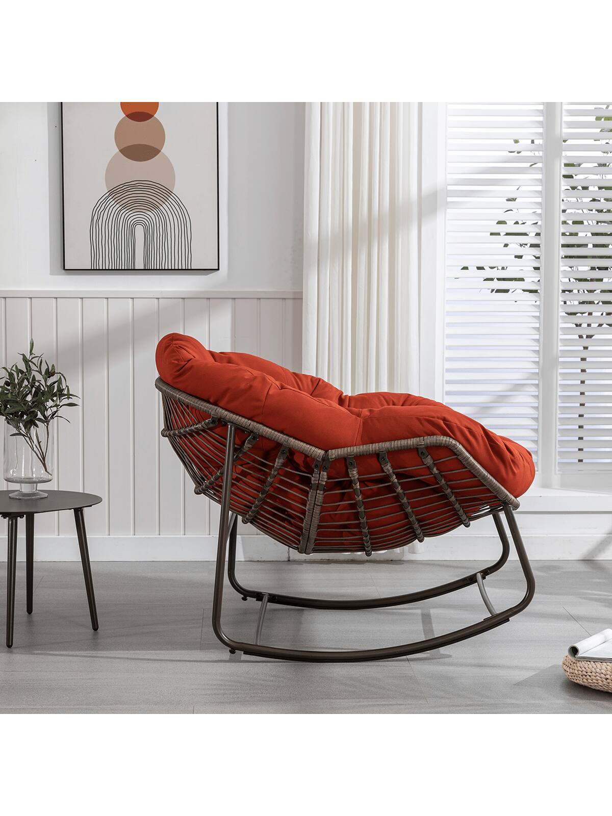 Alt View 2. Trinkets Crazed - Outdoor Patio Rocking Chair, Comfy Wicker Rocker Chair With Padded Cushion, Oversized Rattan Papasan Egg Chair - Orange.