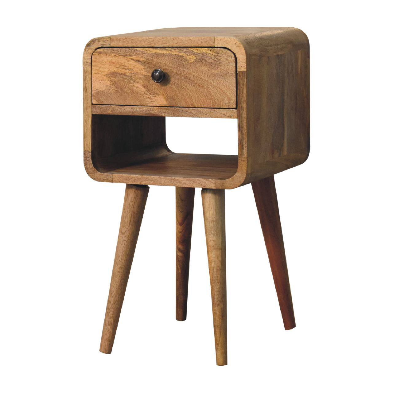 Left. Artisan Furniture - Artisan Furniture Solid Wood Mini Oak-ish Curve Lower Nightstand, 1 Drawer, 1 Open-slot, Nordic legs, Brown - Oak.