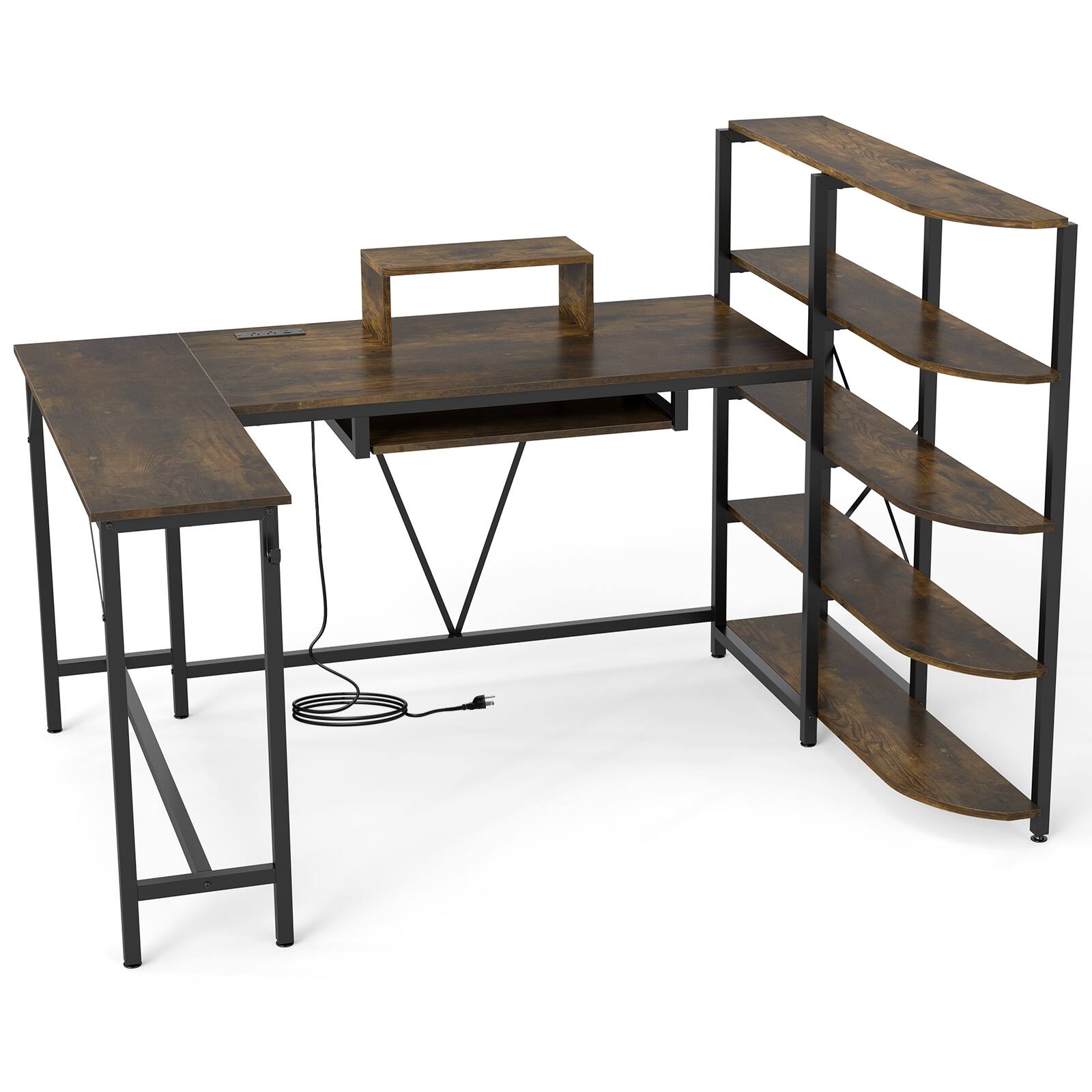 Alt View 9. Costway - Costway 63" U-shaped Computer Desk with Power Outlets, 5-Tier Bookshelf, Monitor Stand - Rustic Brown.