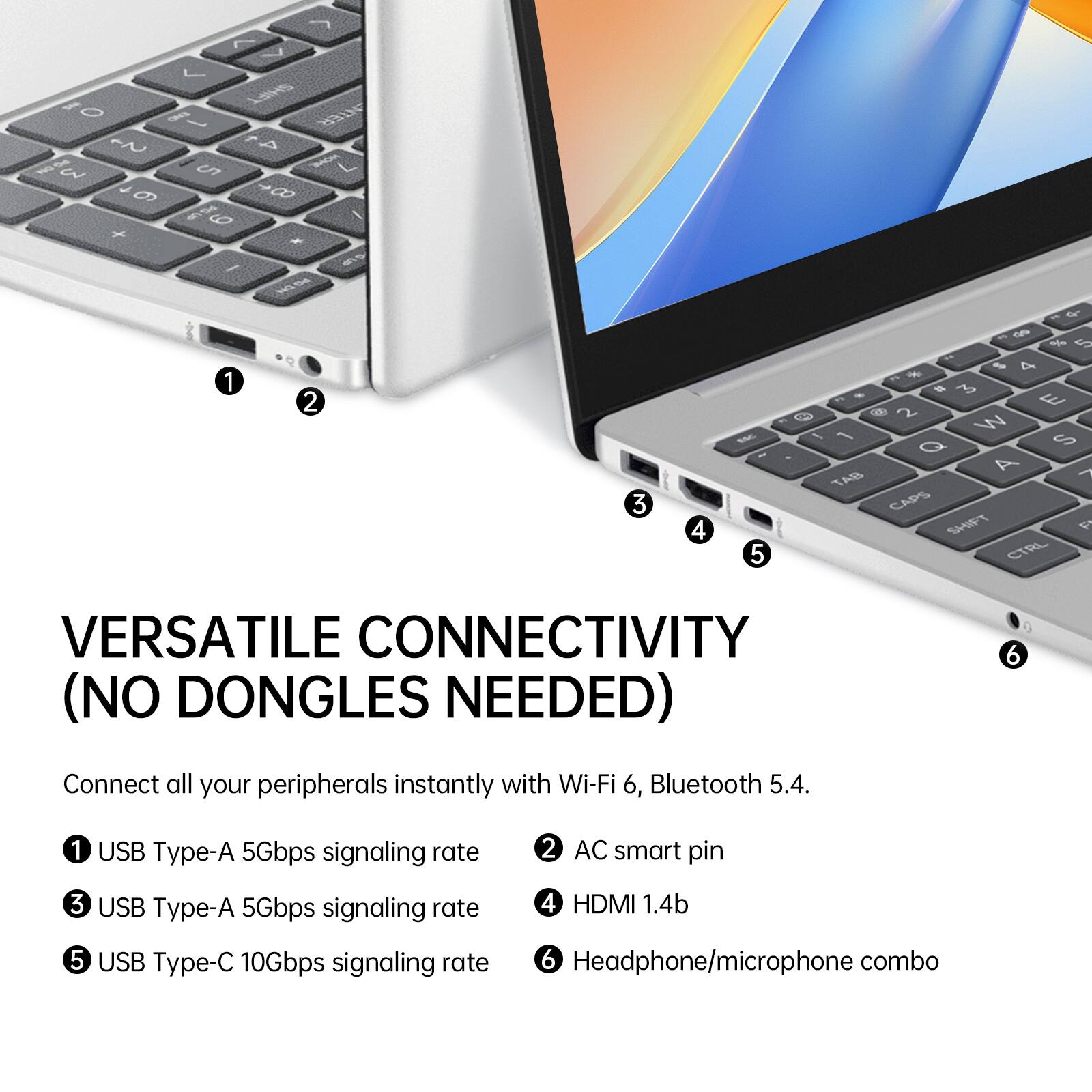 L SHIFT O END 1 ENTER 4 DN 8 3 5 HONE L 9 8 6 30g 6 + * 
1
2
3
4
ESC 5
4 S % 5 ** % 4 # 3 E 20  2 ! 1 W Q S A 1 TAB CAPS SHIFT F CTRL
VERSATILE CONNECTIVITY (NO DONGLES NEEDED)
6
Connect all your peripherals instantly with Wi-Fi 6, Bluetooth 5.4.
1 USB Type-A 5Gbps signaling rate
2 AC smart pin
3 USB Type-A 5Gbps signaling rate 4 HDMI 1.4b 5 USB Type-C 10Gbps signaling rate 6 Headphone/microphone combo