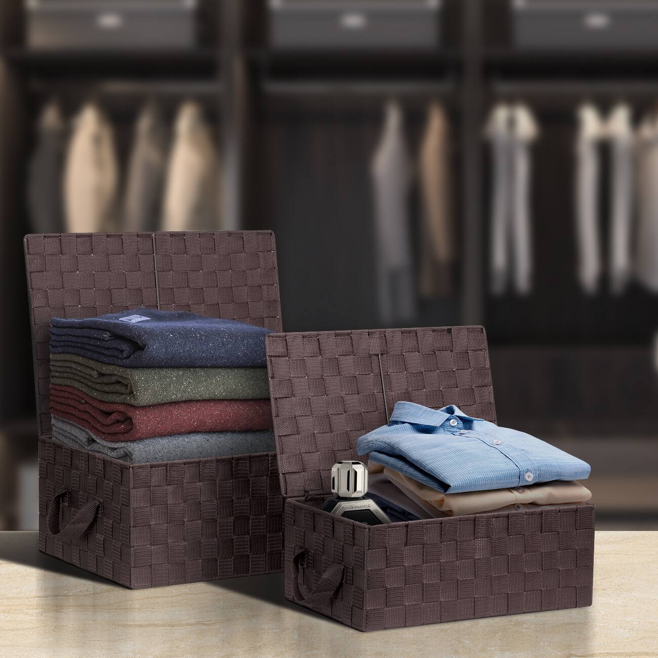 Alt View 1. Sorbus - Sorbus Set of 3 Storage Baskets for Organizing with Lid, Mesh, Linen, Organizer Storage Baskets for Shelves - Brown.