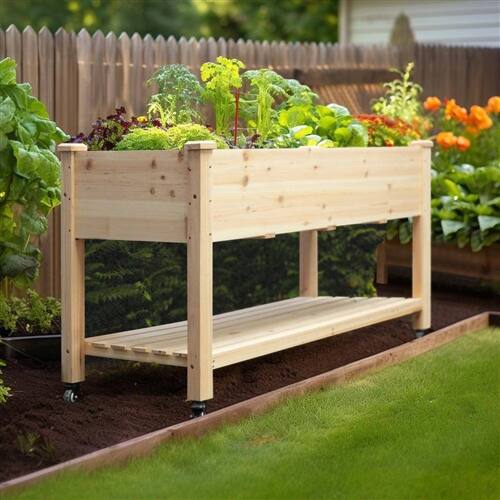 Alt View 1. SlickBlue - Outdoor Raised Planter Box on Wheels, 46-Inch Wood Garden Bed - Brown.