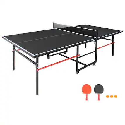 Front. HTUTWOO - 8ft Mid-Size Table Tennis Table -Foldable & Portable Ping Pong Set,Indoor Game Surface,Net, 2 Paddles & 3 Balls Included - Black.