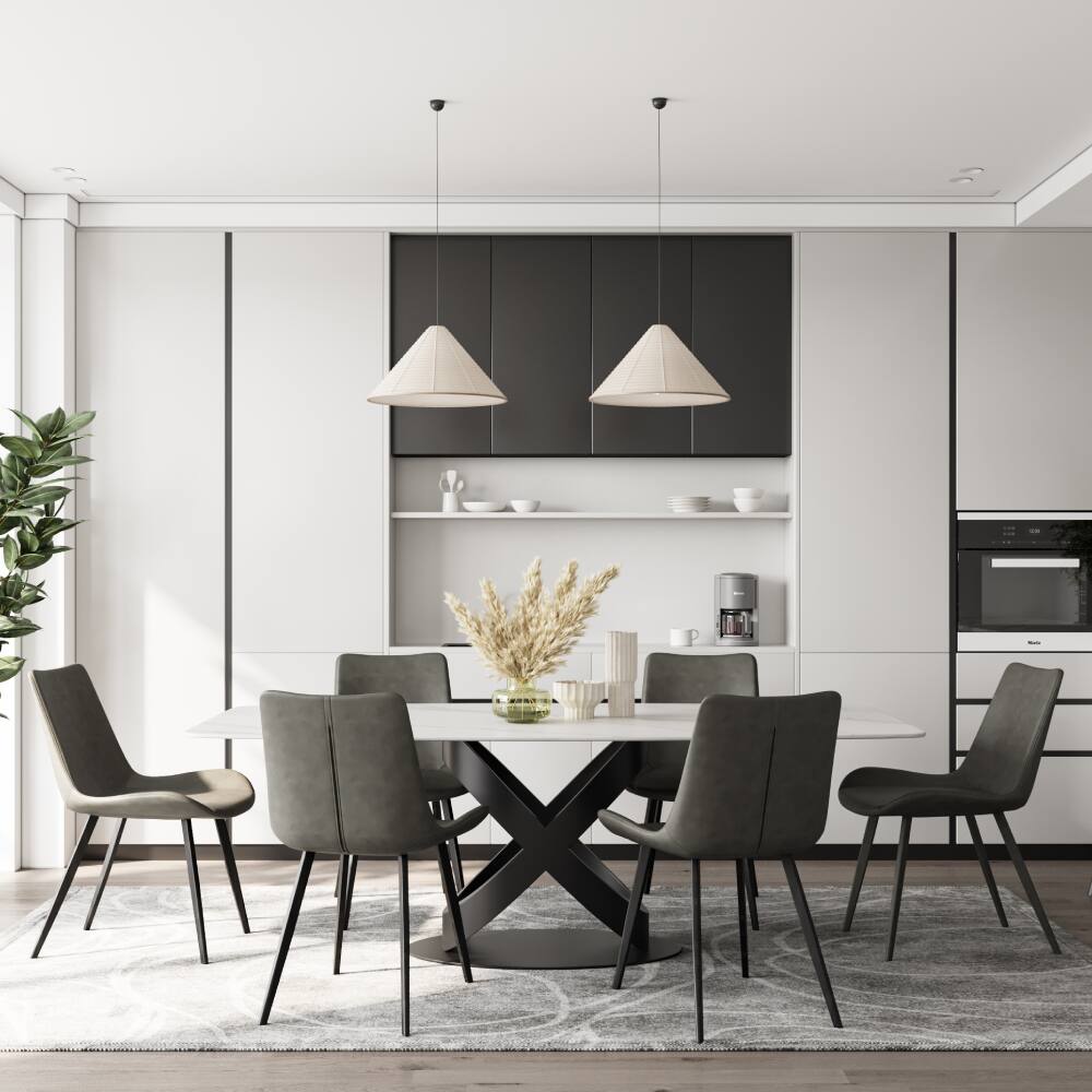 Angle. POVISON - 71"Modern White Dining Table for 6 (In Stock), Matte Sintered Stone Tabletop, Solid Black Carbon Steel Base - White & Black.