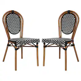Emma + Oliver - Colmar Set of Two Indoor/Outdoor Stacking Thonet Bistro Style Chairs with PE Rattan Seat and Finished Metal Frame - Black & White/Natural Frame
