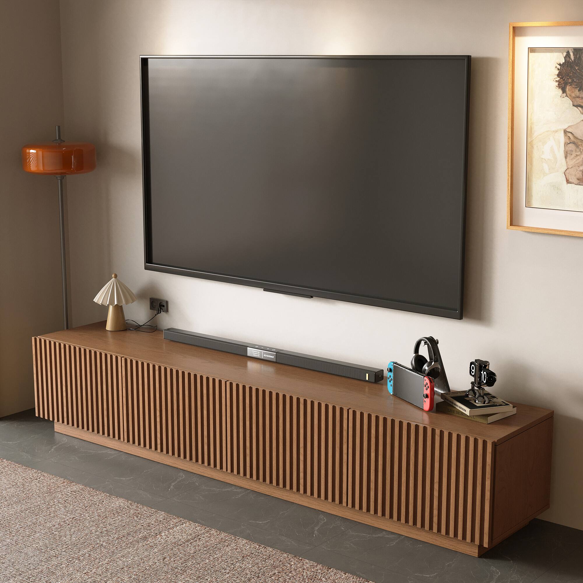 Back. luck idea - 86.61" TV Stand & Media Console, Modern Entertainment Center with Large Storage for Living Room - Walnut Color.