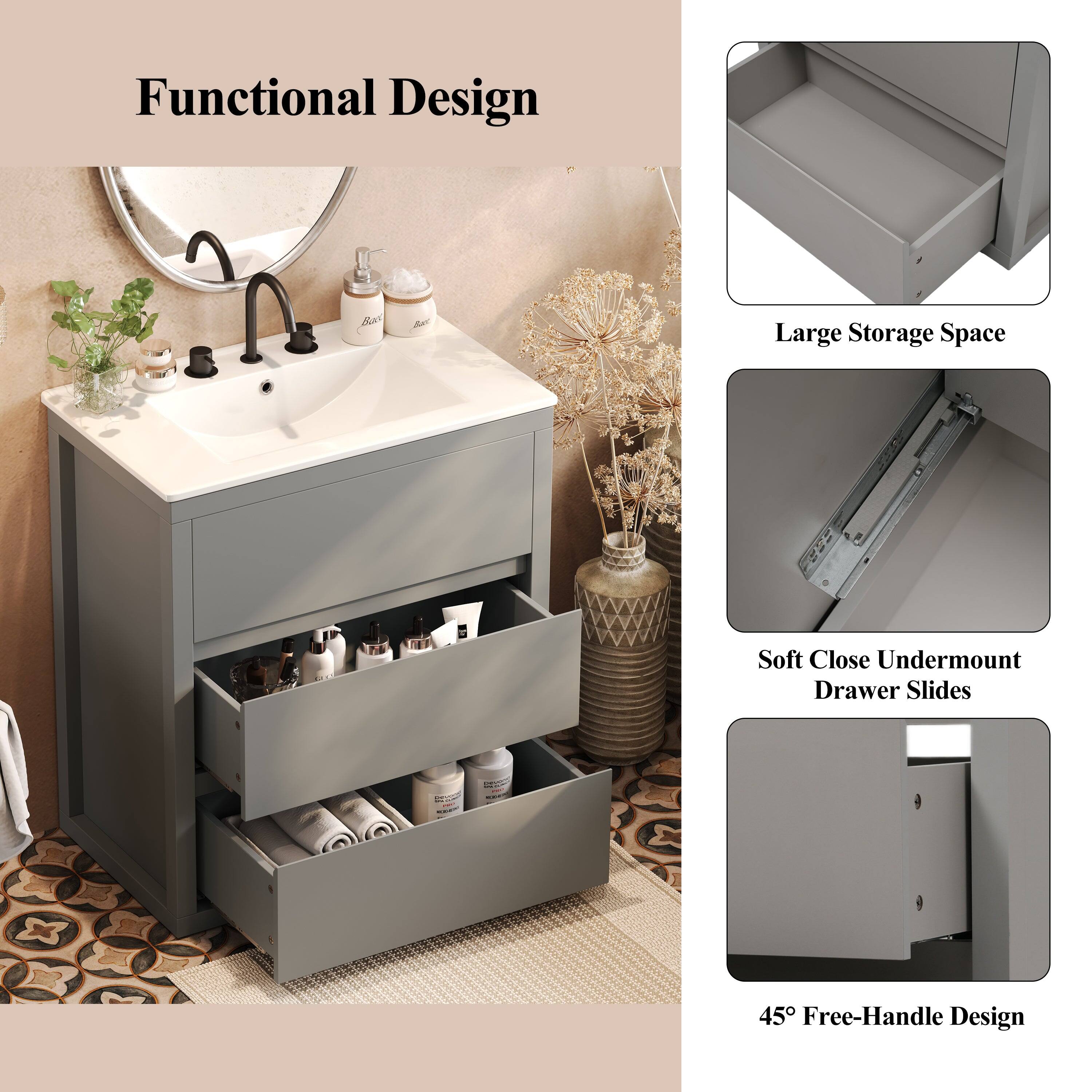 Functional Design

- Large Storage Space
- Soft Close Undermount Drawer Slides
- 45° Free-Handle Design