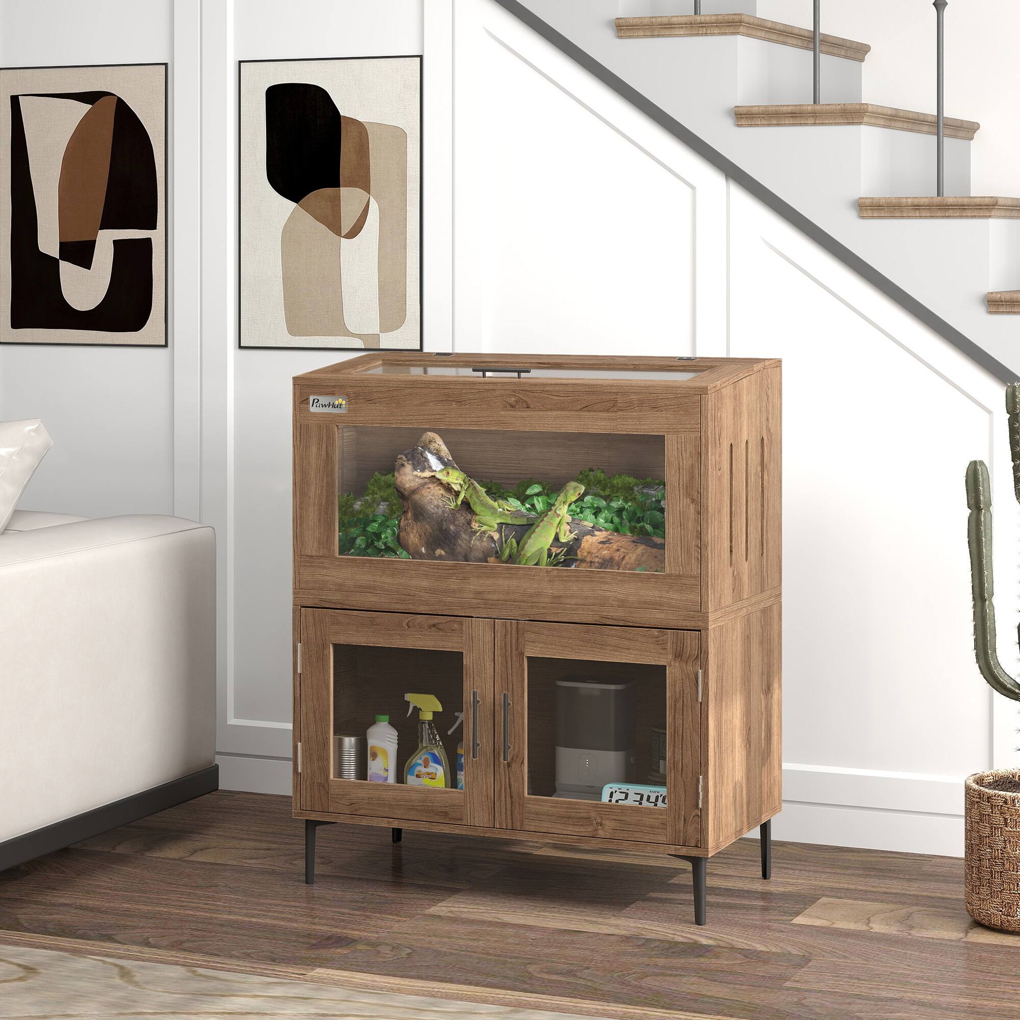 Angle. Pawhut - Hamster Cage with Storage Cabinet, 30 Gallon Reptile Tank Top Opening, Ventilation Holes, Guinea Pig, Gerbils.