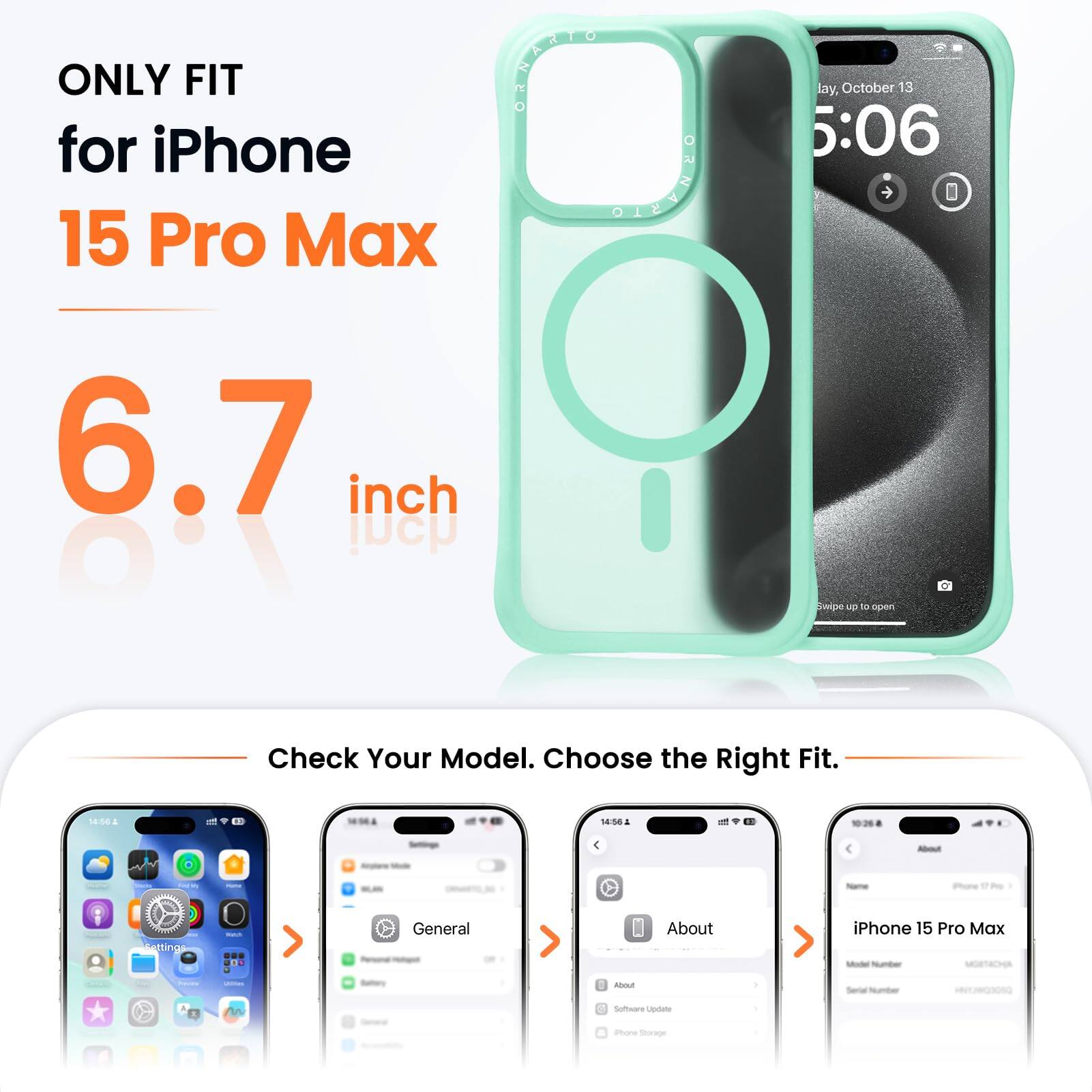 ONLY FIT for iPhone 15 Pro Max  
6.7 inch  

Check Your Model. Choose the Right Fit.  

14:58 A -  
- - - - -  
Phore ssing - ..  
General  
About iPhone 15 Pro Max  
Software Update