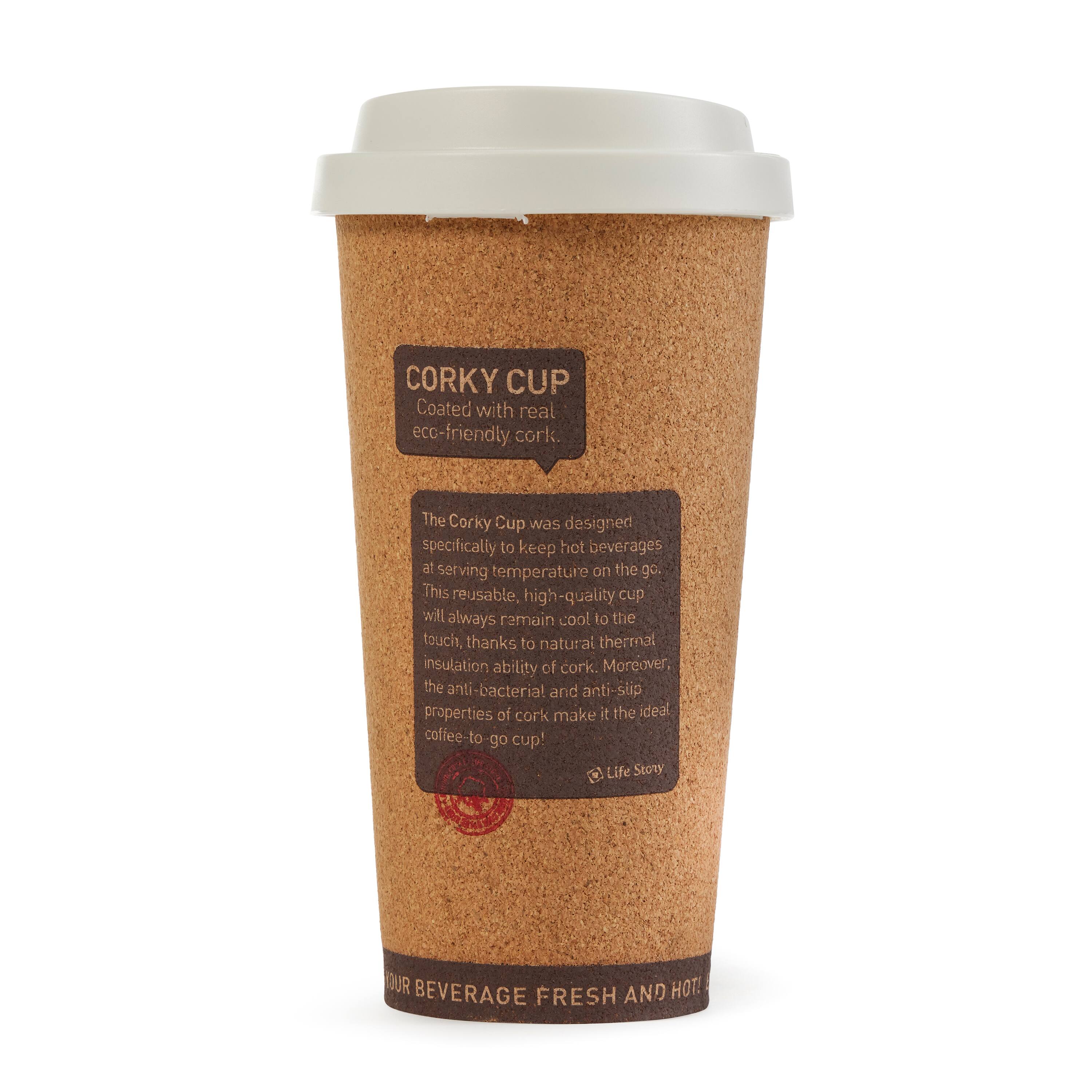 CORKY CUP  
Coated with real eco-friendly cork.  

The Corky Cup was designed specifically to keep hot beverages at serving temperature on the go. This reusable, high-quality cup will always remain cool to the touch, thanks to the natural thermal insulation ability of cork. Moreover, the anti-bacterial and anti-slip properties of cork make it the ideal coffee-to-go cup!  

Life Story  

YOUR BEVERAGE FRESH AND HOT!