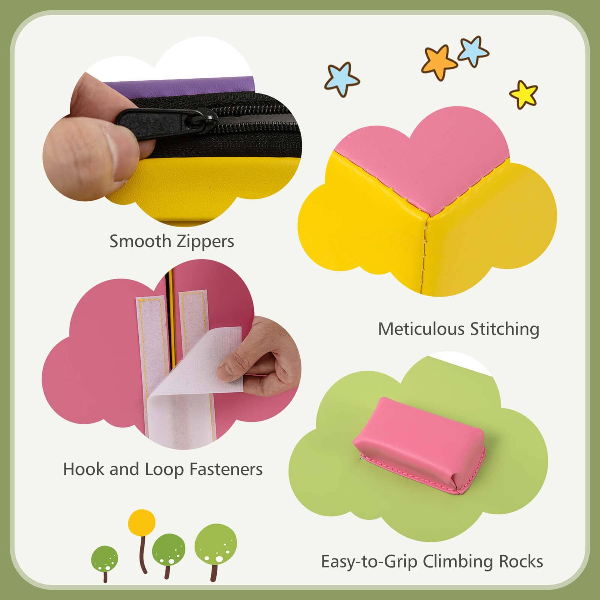 Smooth Zippers  
Meticulous Stitching  
Hook and Loop Fasteners  
Easy-to-Grip Climbing Rocks