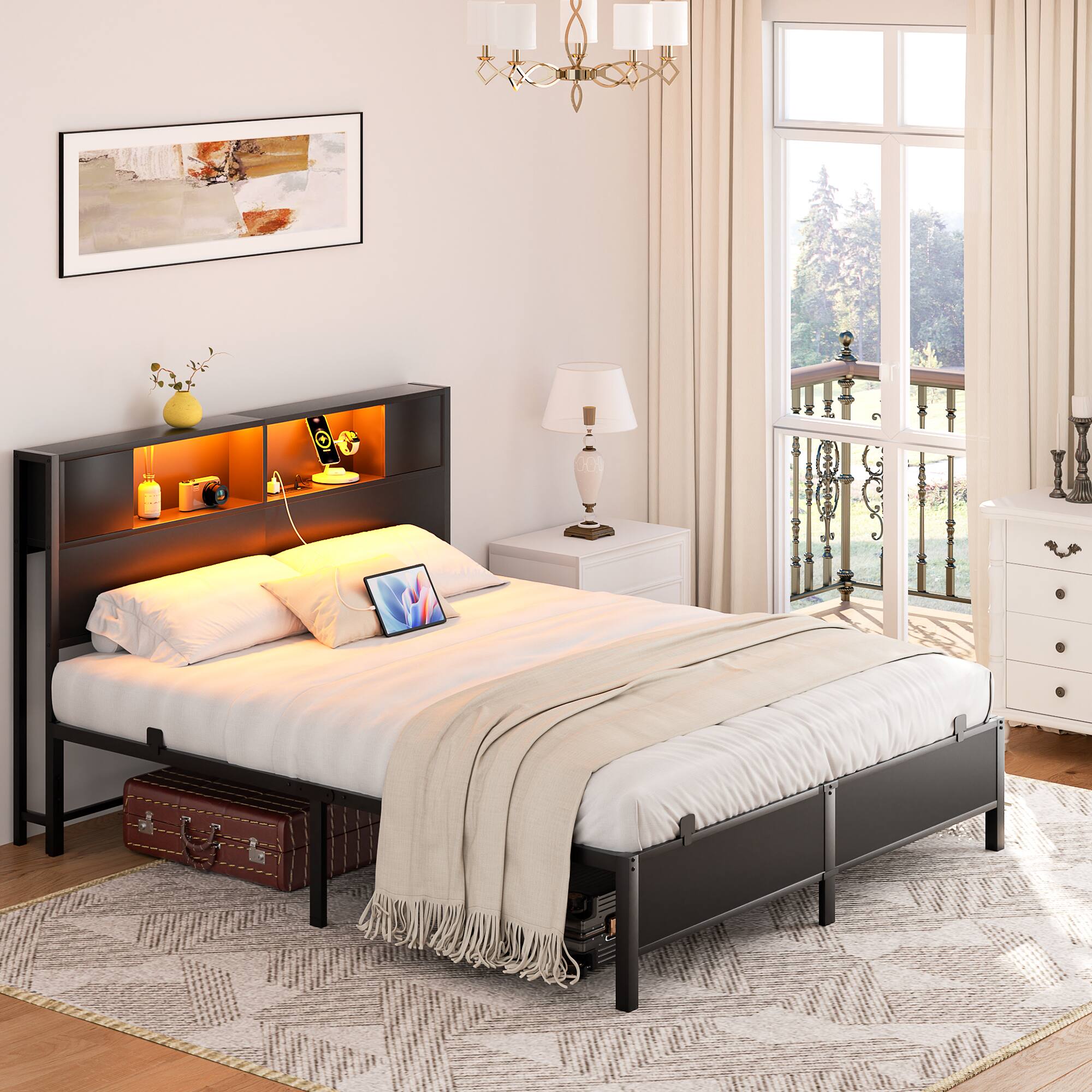 Alt View 2. Aheaplus - Industrial Metal Bed Frame: Storage Headboard / Charging, LED Lights, Steel Slats, No Box Spring, Easy Assembly - Black.