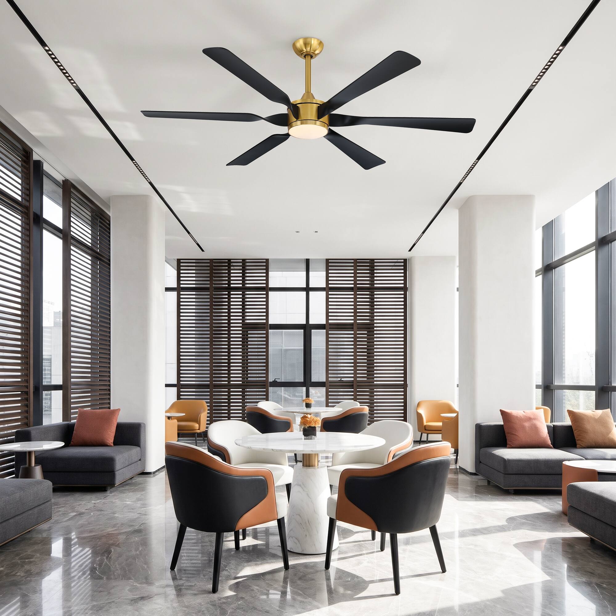 Left. Parrot Uncle - 60-Inch Modern DC Motor Ceiling Fan with Dimmable LED Light and Remote - Gold.
