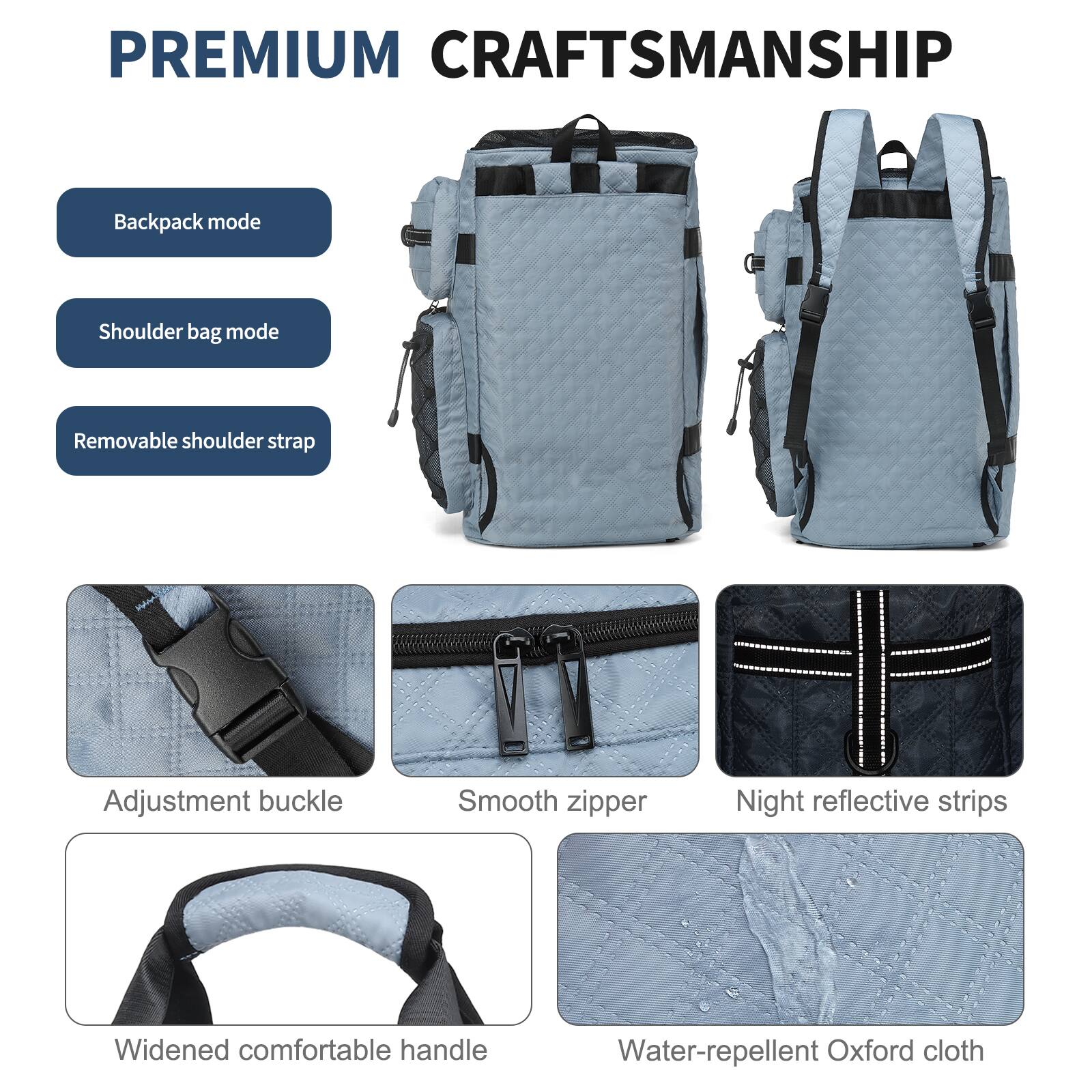 PREMIUM CRAFTSMANSHIP

- Backpack mode
- Shoulder bag mode
- Removable shoulder strap
- Adjustment buckle
- Smooth zipper
- Night reflective strips
- Widened comfortable handle
- Water-repellent Oxford cloth