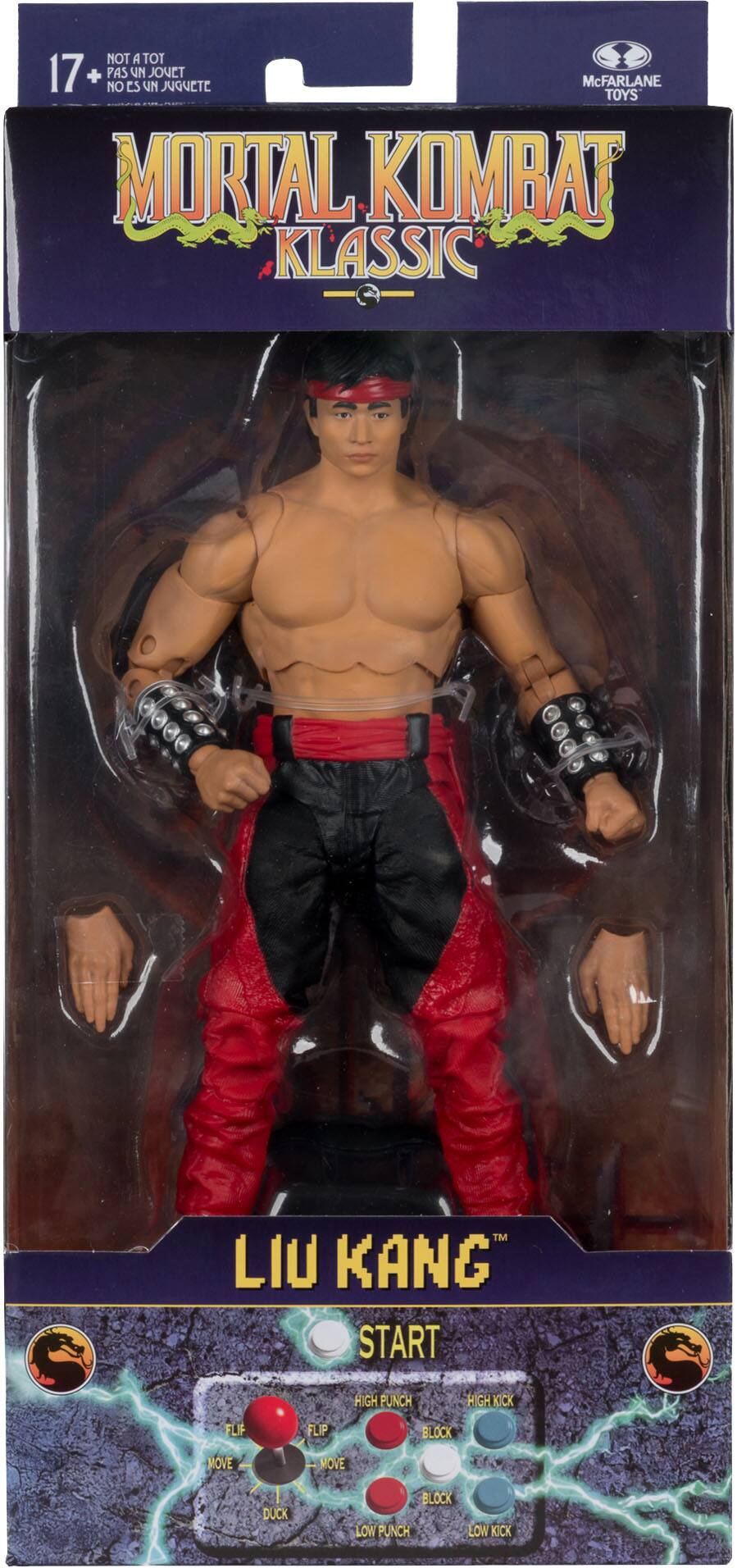 NOT A TOY 17+ PAS UN JUGUETE NO ES UN JUGUETE McFARLANE TOYS MORTAL KOMBAT KLASSIC TM LIU KANG START HIGH PUNCH HIGH KICK FLIP FLIP MOVE MOVE BLOCK BLOCK LOW PUNCH LOW KICK