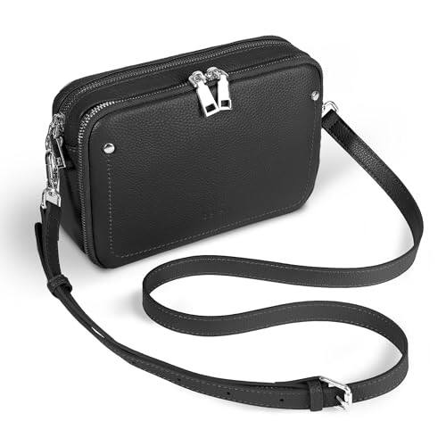 Front. Vulpecula Spade - Genuine Leather Crossbody Bags for Women, Purses with Built in RFID Wallet Woman Camera Shoulder Bag Handbags - Black.