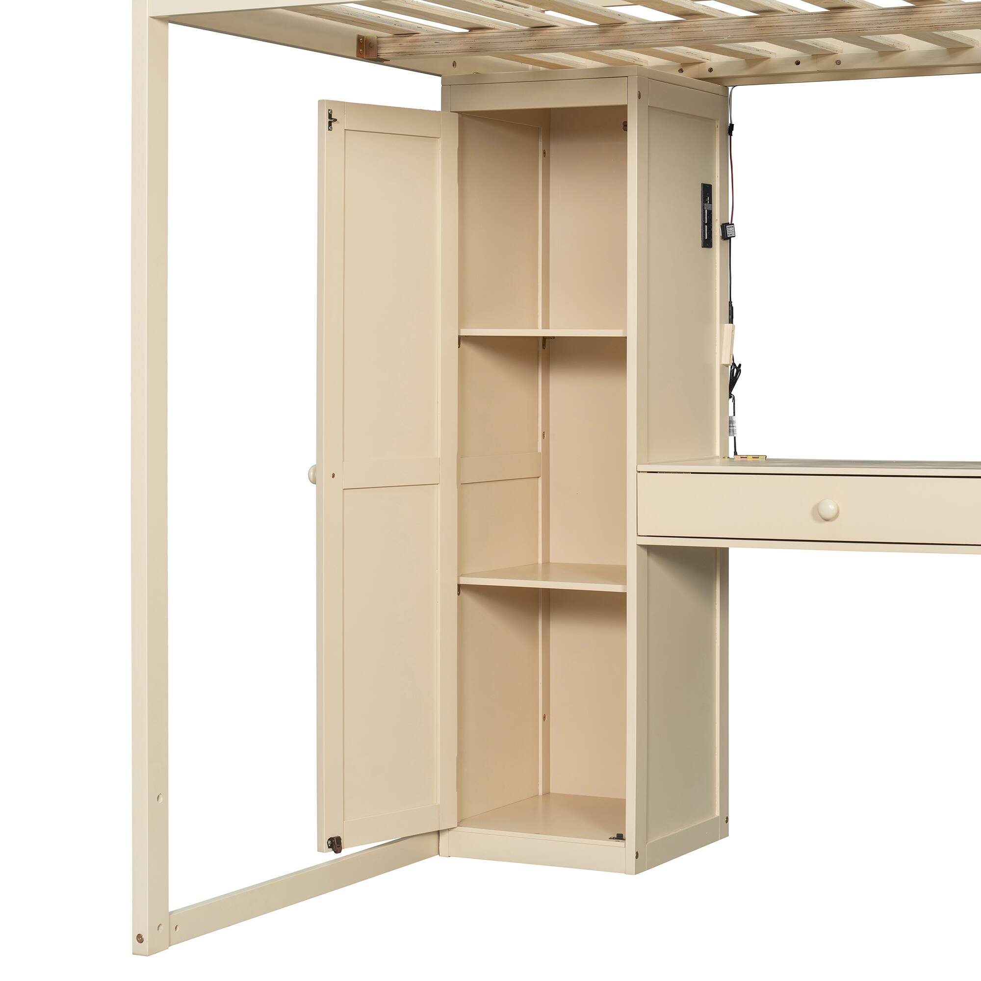 Alt View 2. Anysun - Full Size Loft Bed with Storage Staircase - Built-In Dressing Table & Mirror, Wardrobe, USB Ports & Lights - Beige.