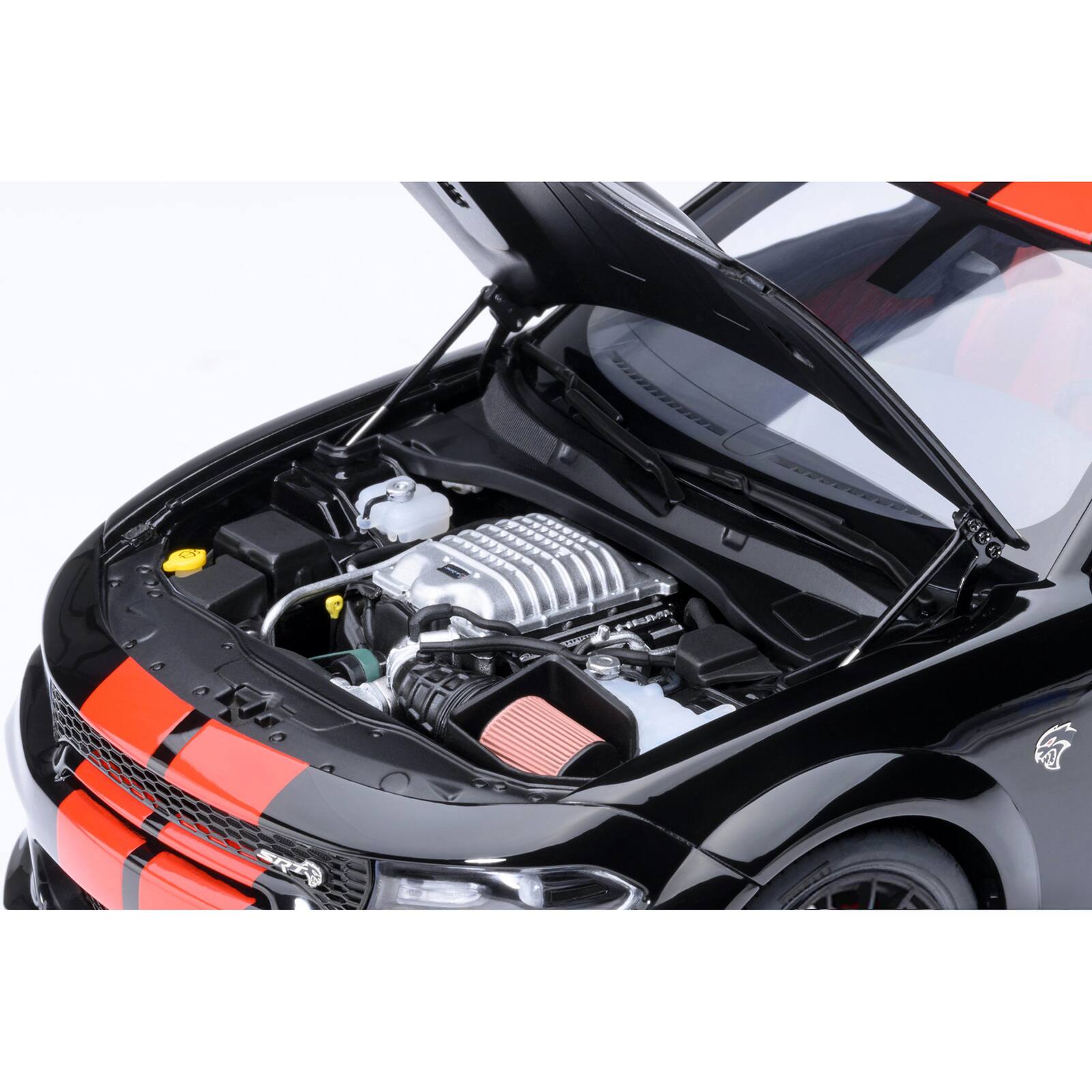Alt View 2. Autoart - Dodge Charger SRT Hellcat Redeye Pitch Black with Red Stripes and Interior 1/18 Model Car by Autoart.