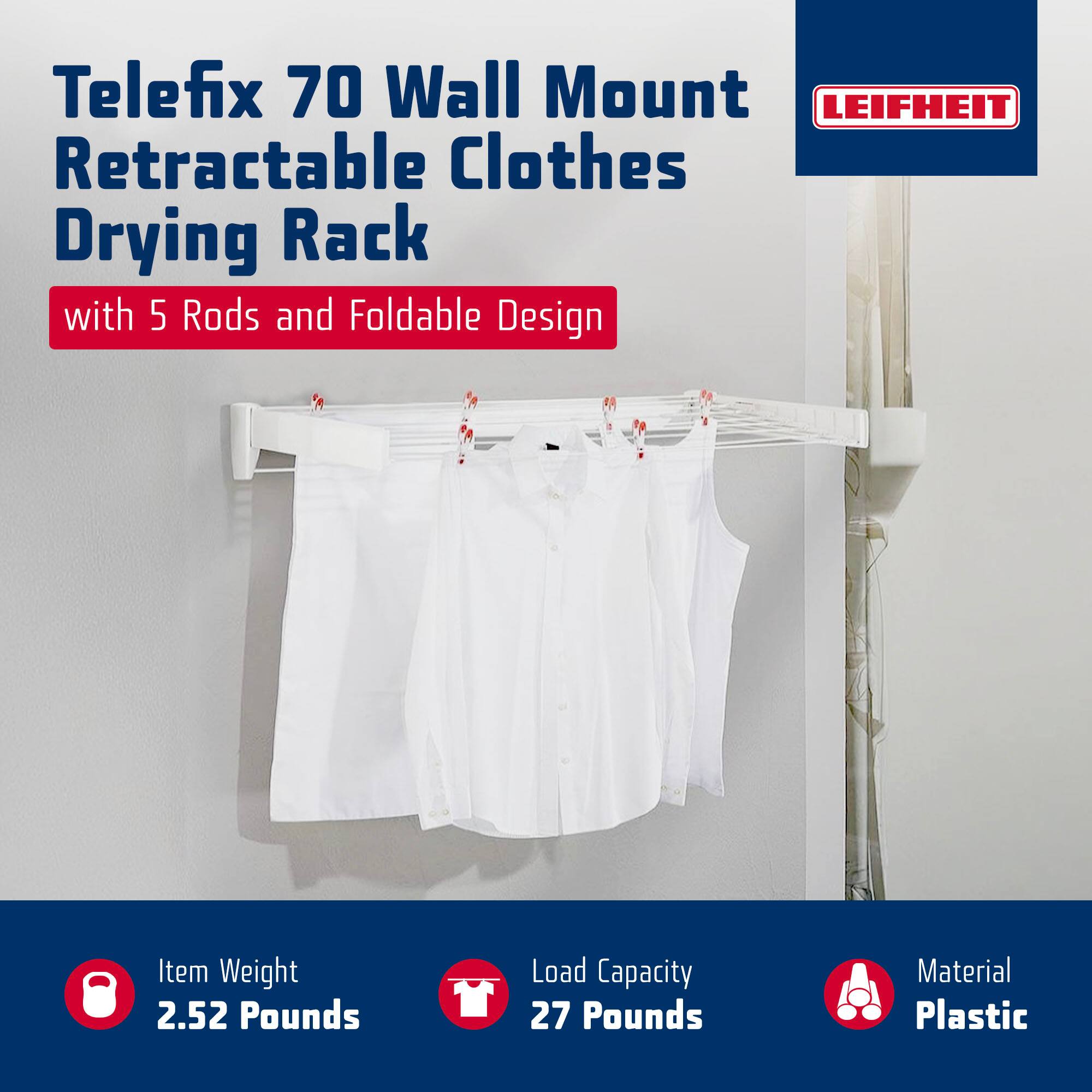 Telefix 70 Wall Mount LEIFHEIT Retractable Clothes Drying Rack with 5 Rods and Foldable Design

Item Weight: 2.52 Pounds
Load Capacity: 27 Pounds
Material: Plastic