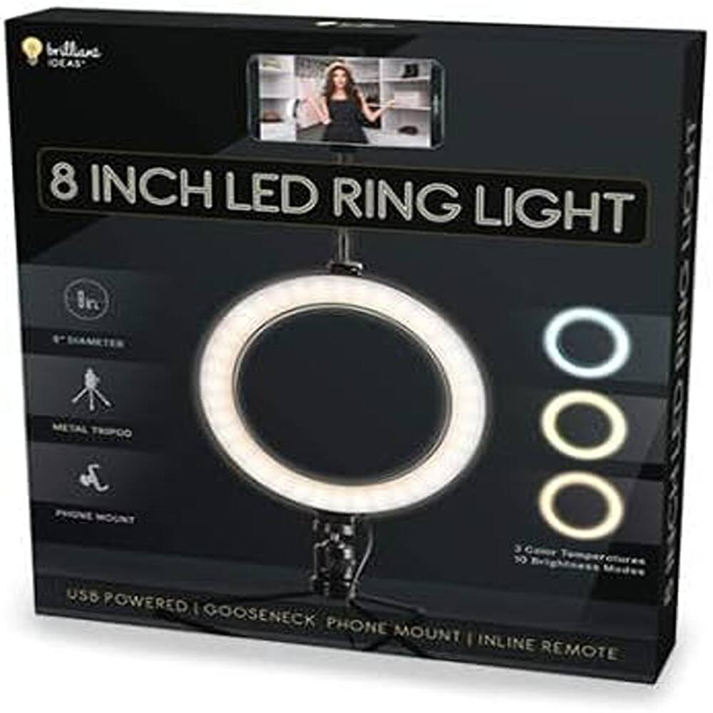 8 INCH LED RING LIGHT

- 8" DIAMETER
- METAL TRIPOD
- PHONE MOUNT
- USB POWERED
- GOOSENECK PHONE MOUNT
- INLINE REMOTE

3 Color Temperatures
10 Brightness Modes