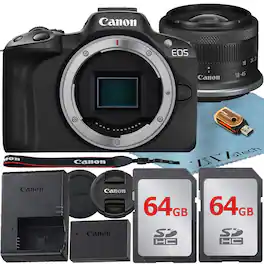 Canon - EOS R50 Mirrorless Camera with 18-45mm Lens + 2x 64GB Card + ZeeTech Bundle (International Version) - Black
