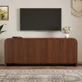 Whisen - Curved Edge TV Stand for TVs up to 70" with Push-to-Open Cabinets,Adjustable Shelves and Cable Management - Walnut