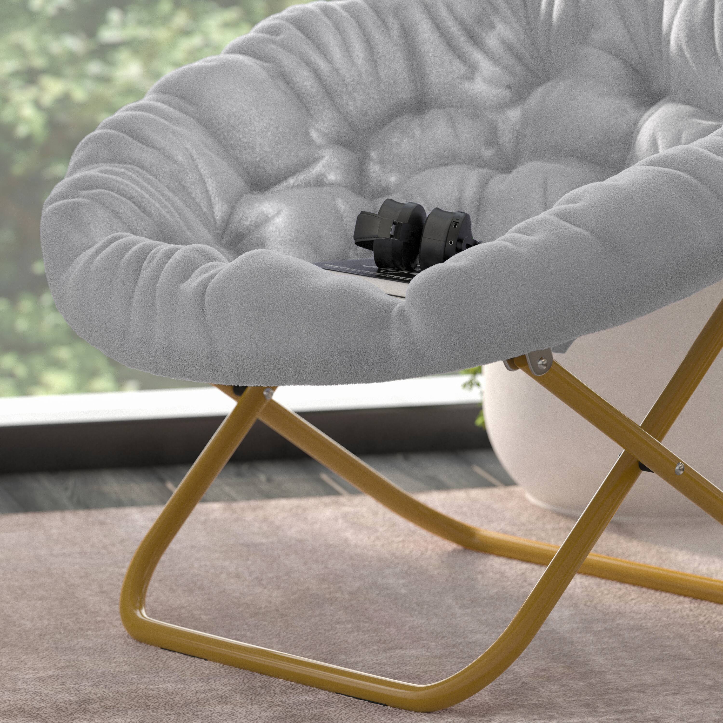 Alt View 4. Emma + Oliver - Ersa Oversize Folding Saucer Chair with Cozy Faux Fur Cushion and Metal Frame for Dorms, Bedrooms, Apartments and More - Gray Faux Fur/Soft Gold Frame.